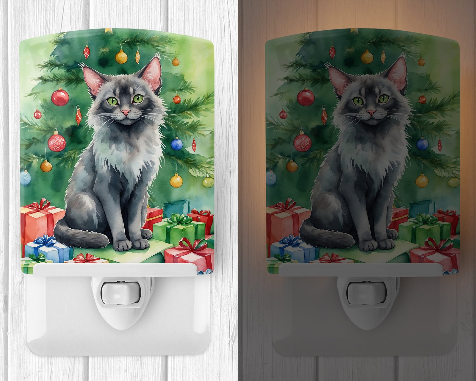Caroline's Treasures Lykoi Cat By the Christmas Tree Ceramic Night Light