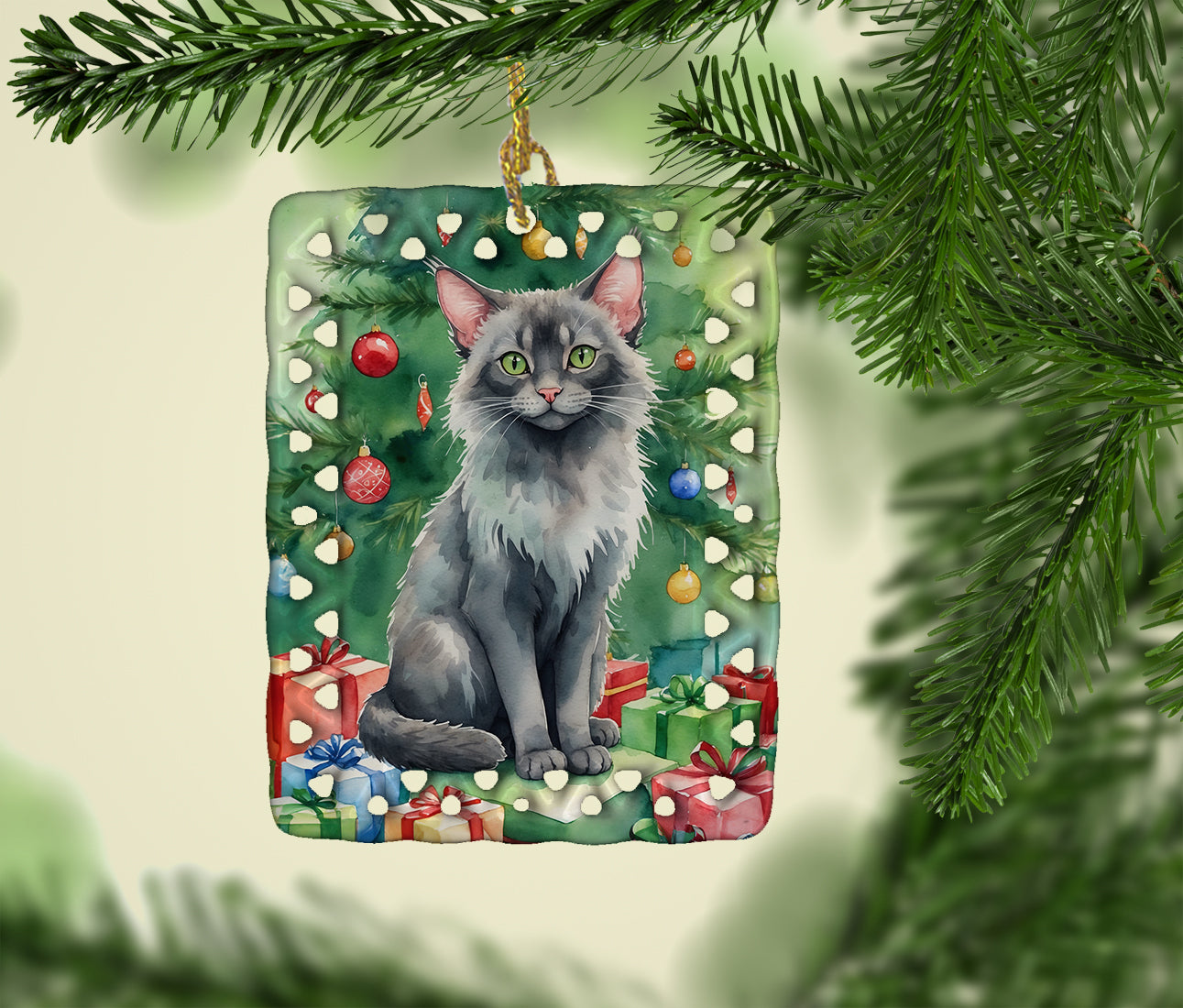 Caroline's Treasures Lykoi Cat By the Christmas Tree Porcelain Ornament