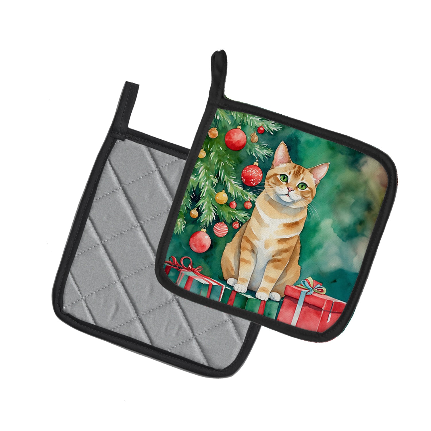 Caroline's Treasures Malayan Cat By the Christmas Tree Pot Holders - Set of 2 Decorative Kitchen Helpers | Made in the USA