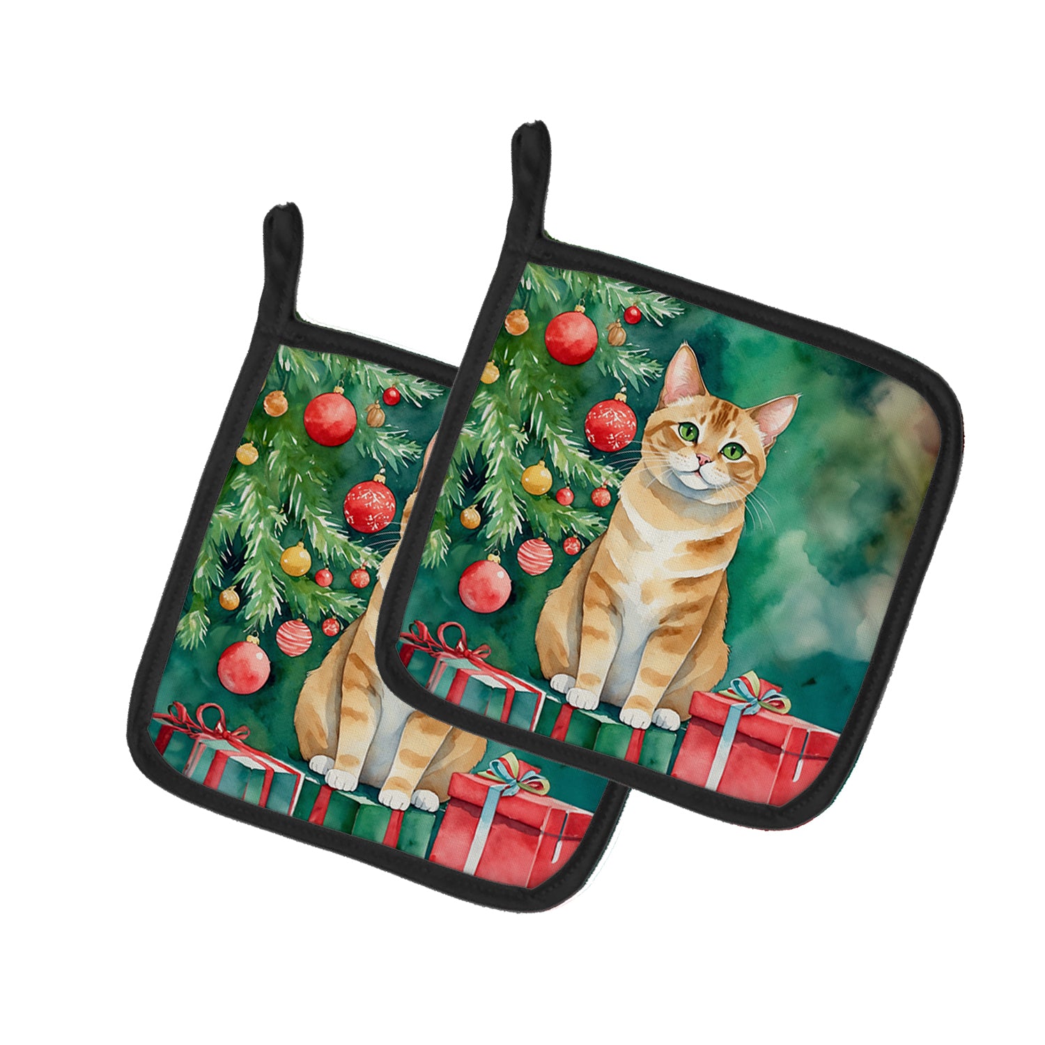 Caroline's Treasures Malayan Cat By the Christmas Tree Pot Holders - Set of 2 Decorative Kitchen Helpers | Made in the USA