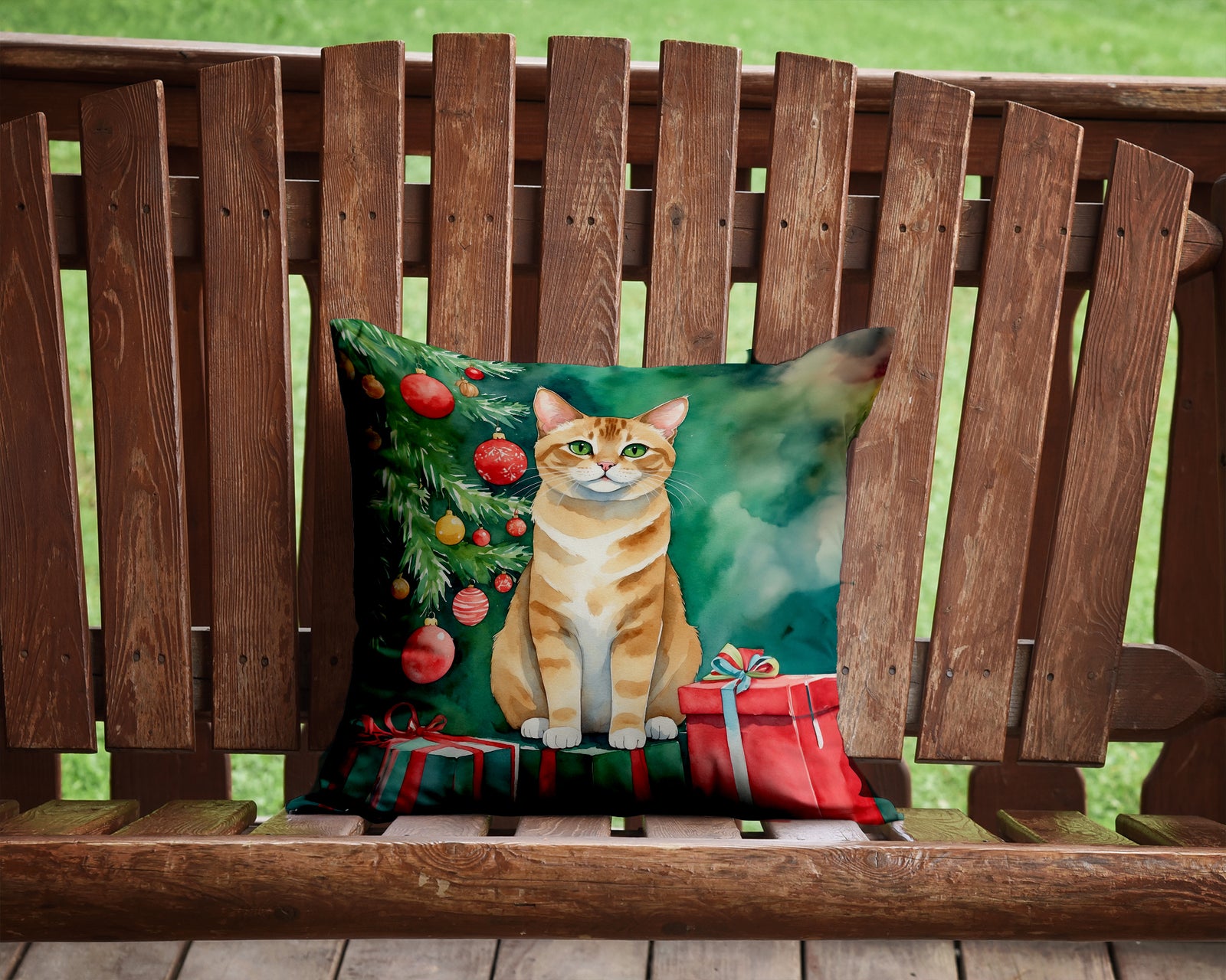 Caroline's Treasures Malayan Cat By the Christmas Tree Throw Pillow - 14x14 Decorative Pillow – Art for Your Home & Patio