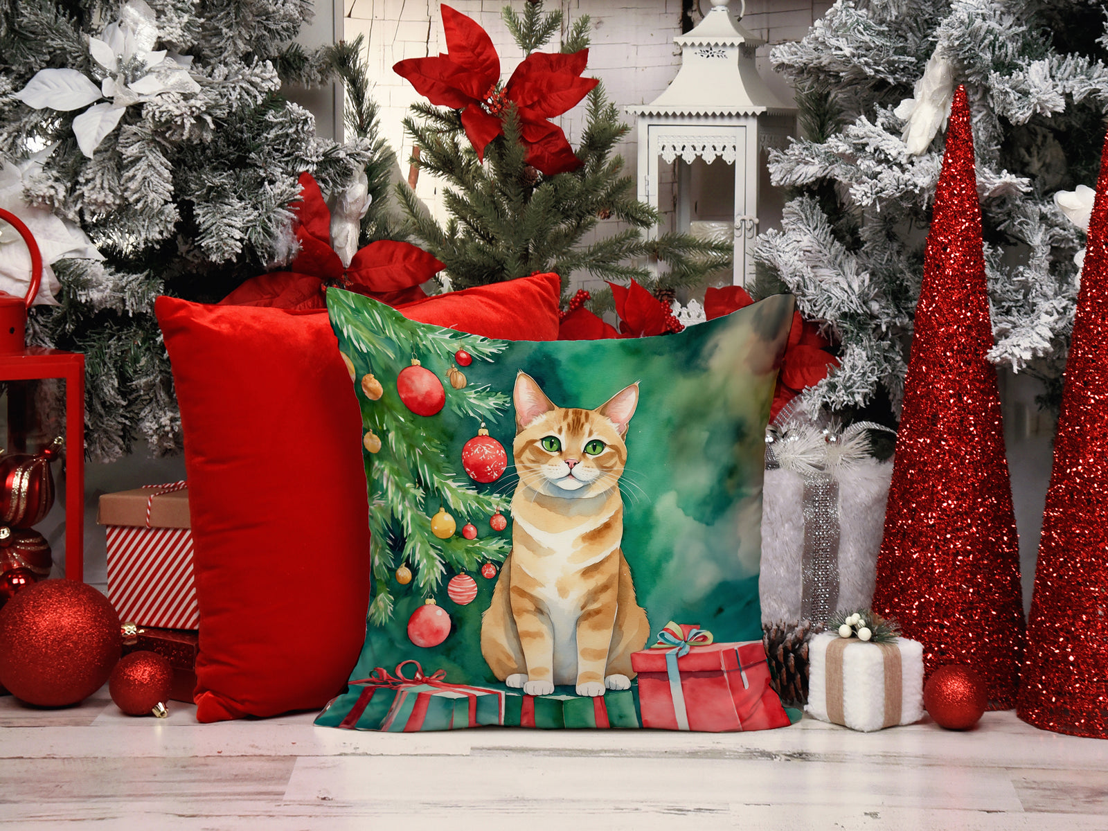 Caroline's Treasures Malayan Cat By the Christmas Tree Throw Pillow