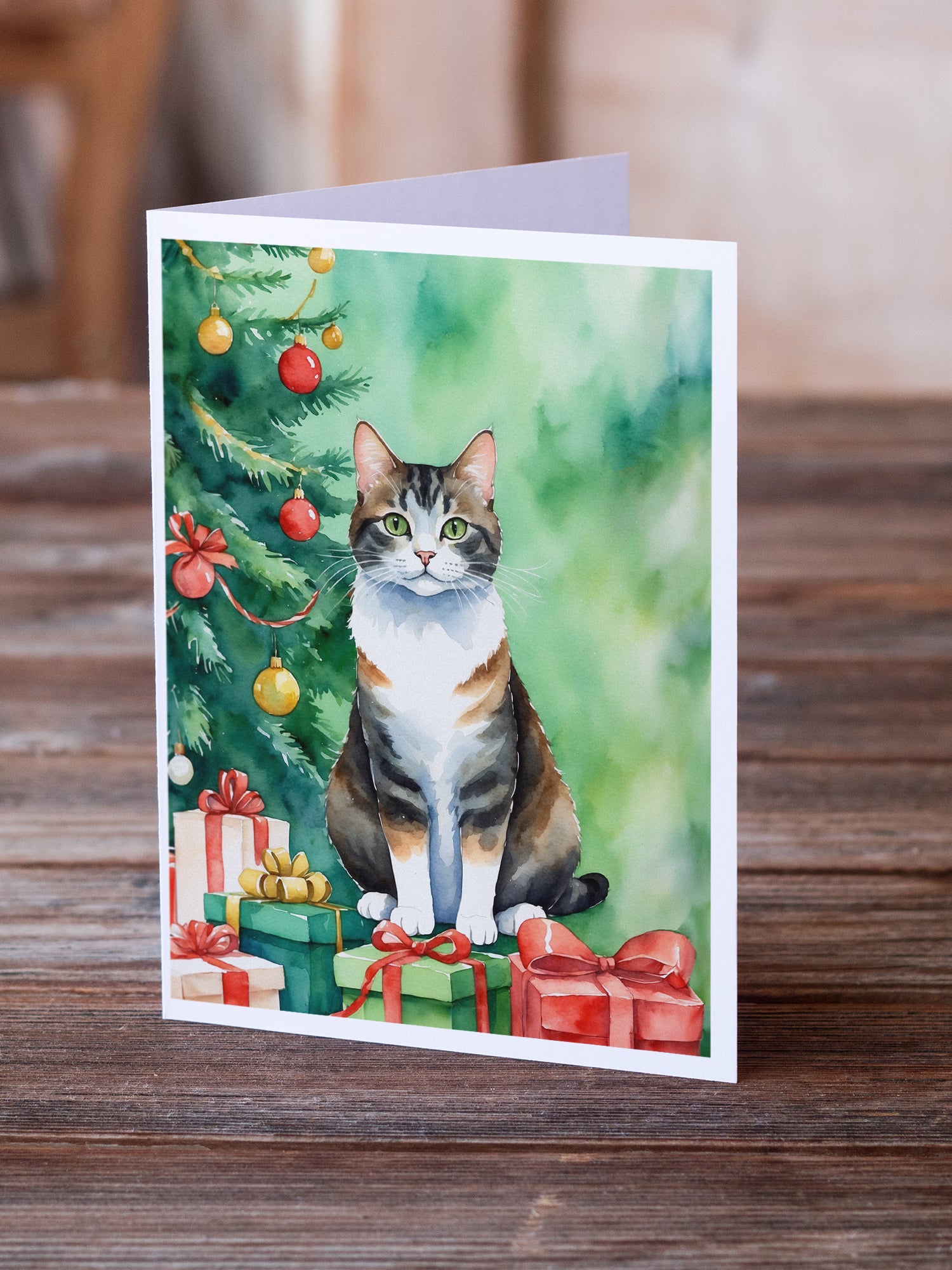 Caroline's Treasures Manx Cat By the Christmas Tree Greeting Cards - Blank Note Cards – 8-Pack of Artist-Designed Cards with Envelopes