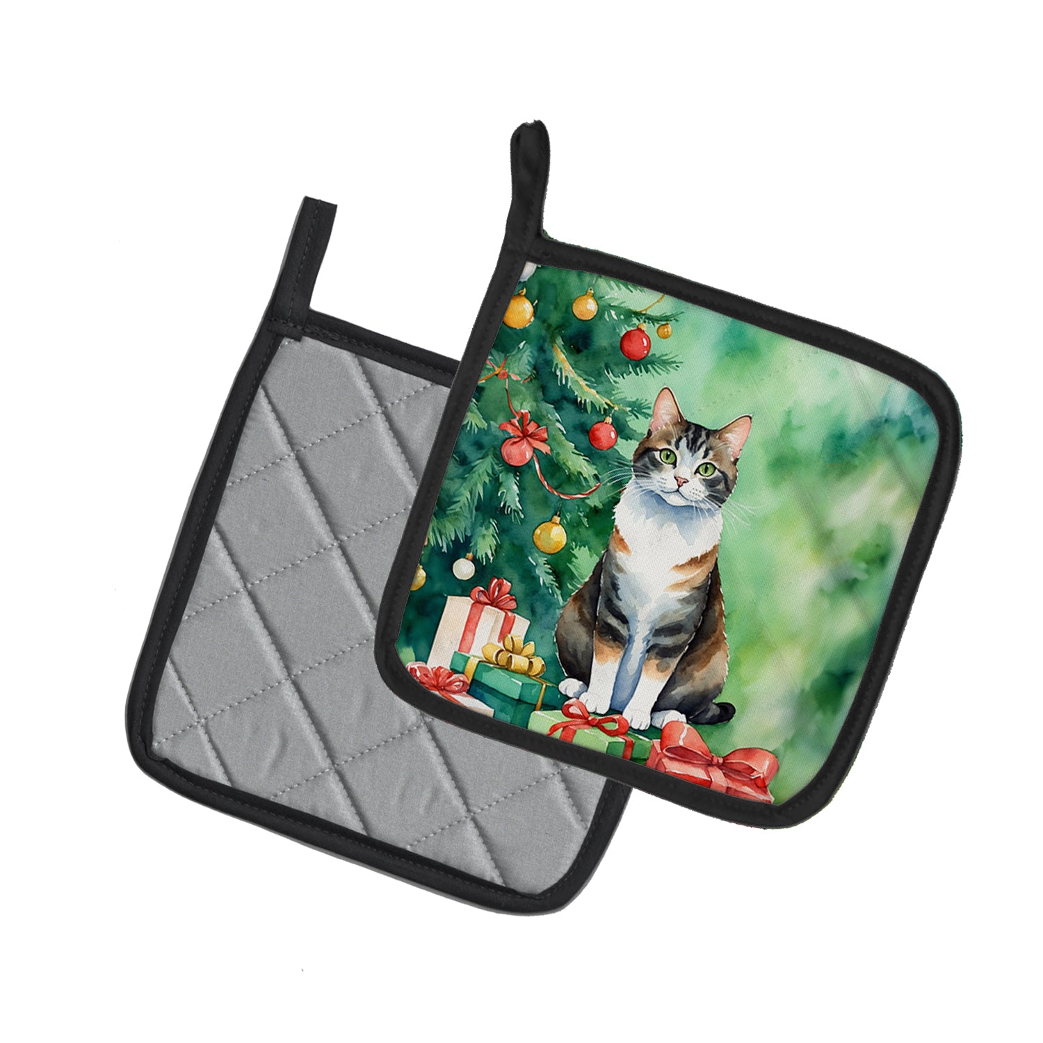 Caroline's Treasures Manx Cat By the Christmas Tree Pot Holders - Set of 2 Decorative Kitchen Helpers | Made in the USA