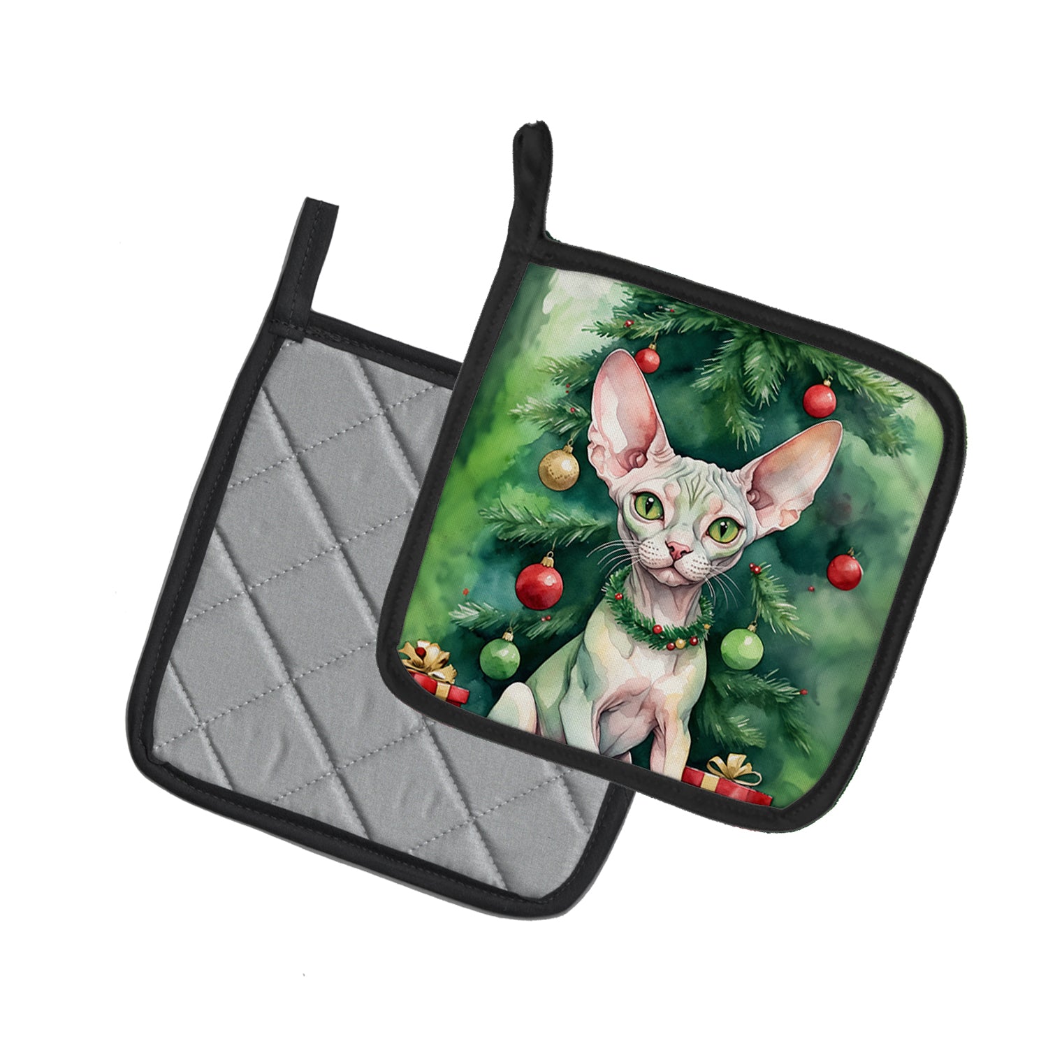Caroline's Treasures Minskin Cat By the Christmas Tree Pot Holders - Set of 2 Decorative Kitchen Helpers | Made in the USA