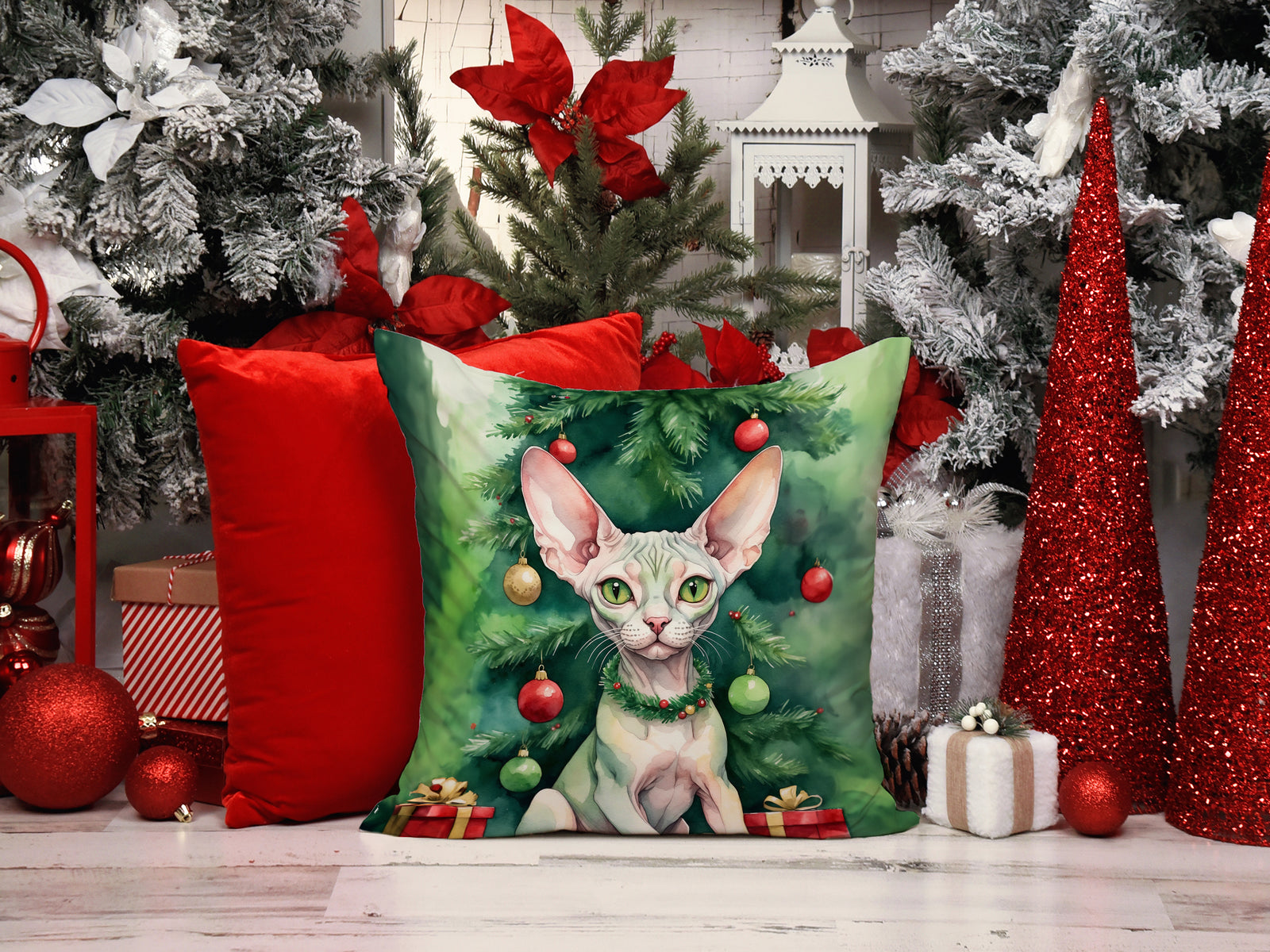 Caroline's Treasures Minskin Cat By the Christmas Tree Throw Pillow