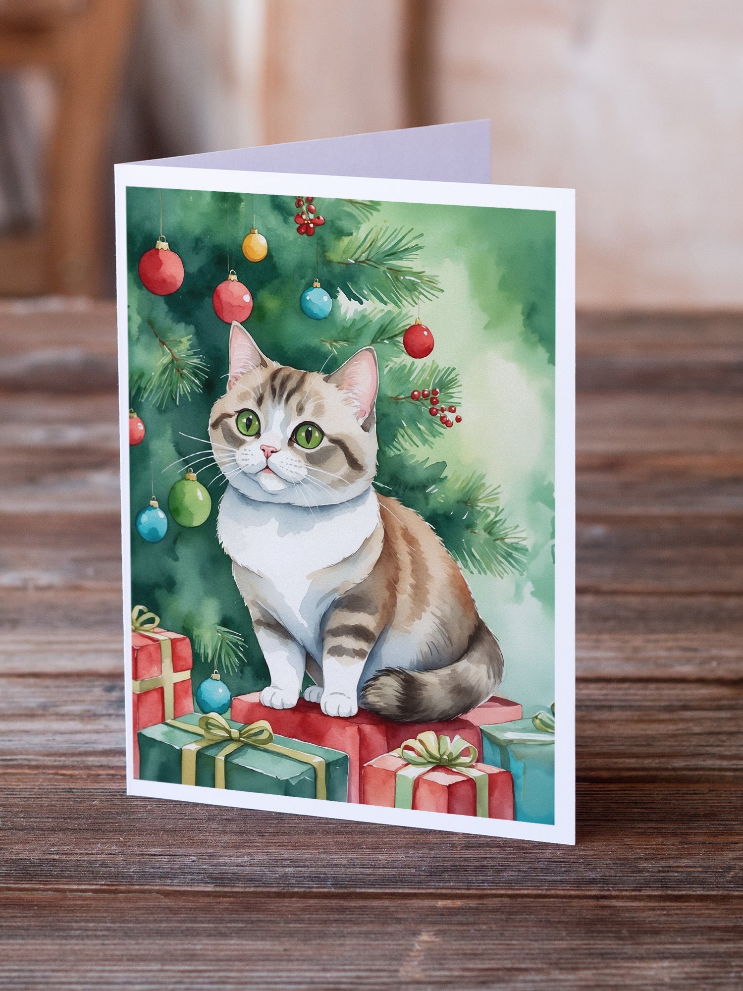 Caroline's Treasures Munchkin Cat By the Christmas Tree Greeting Cards - Blank Note Cards – 8-Pack of Artist-Designed Cards with Envelopes