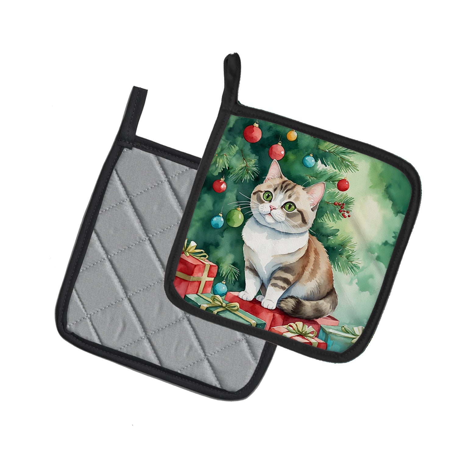 Caroline's Treasures Munchkin Cat By the Christmas Tree Pot Holders - Set of 2 Decorative Kitchen Helpers | Made in the USA