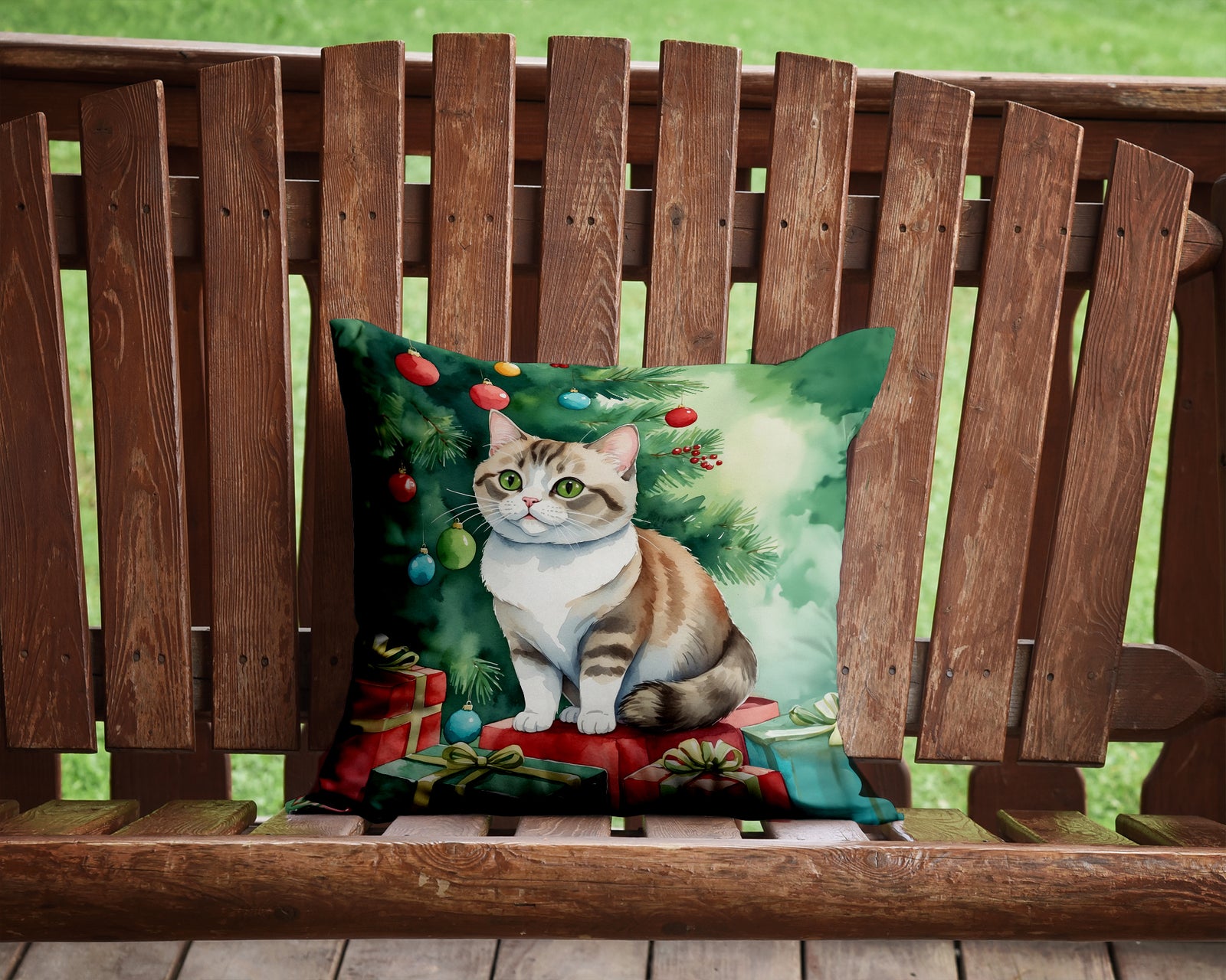 Caroline's Treasures Munchkin Cat By the Christmas Tree Throw Pillow - 14x14 Decorative Pillow – Art for Your Home & Patio