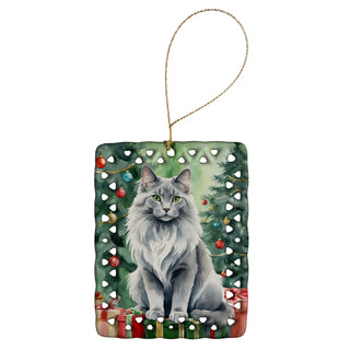 Caroline's Treasures Nebelung Cat By the Christmas Tree Porcelain Ornament