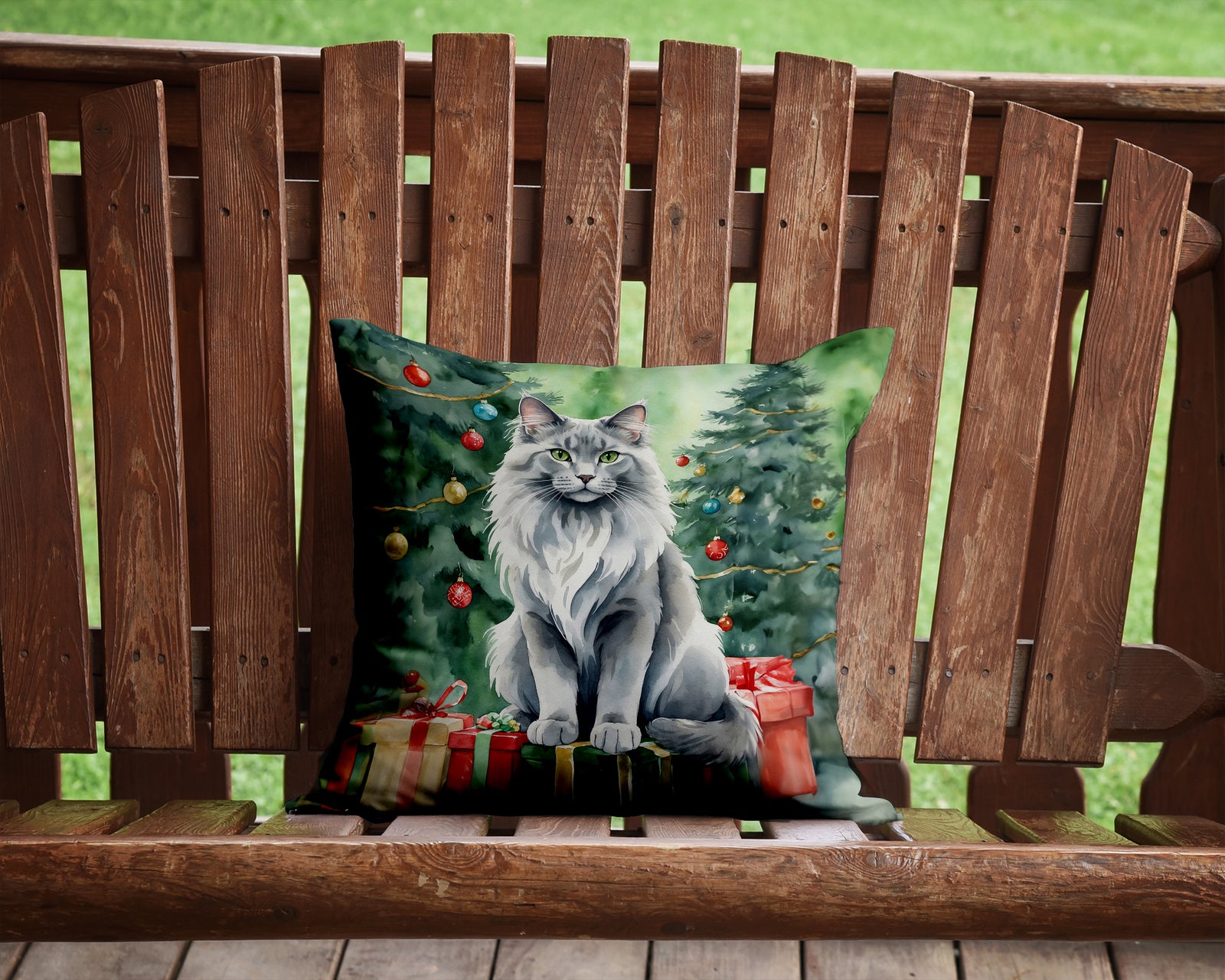 Caroline's Treasures Nebelung Cat By the Christmas Tree Throw Pillow - 14x14 Decorative Pillow – Art for Your Home & Patio
