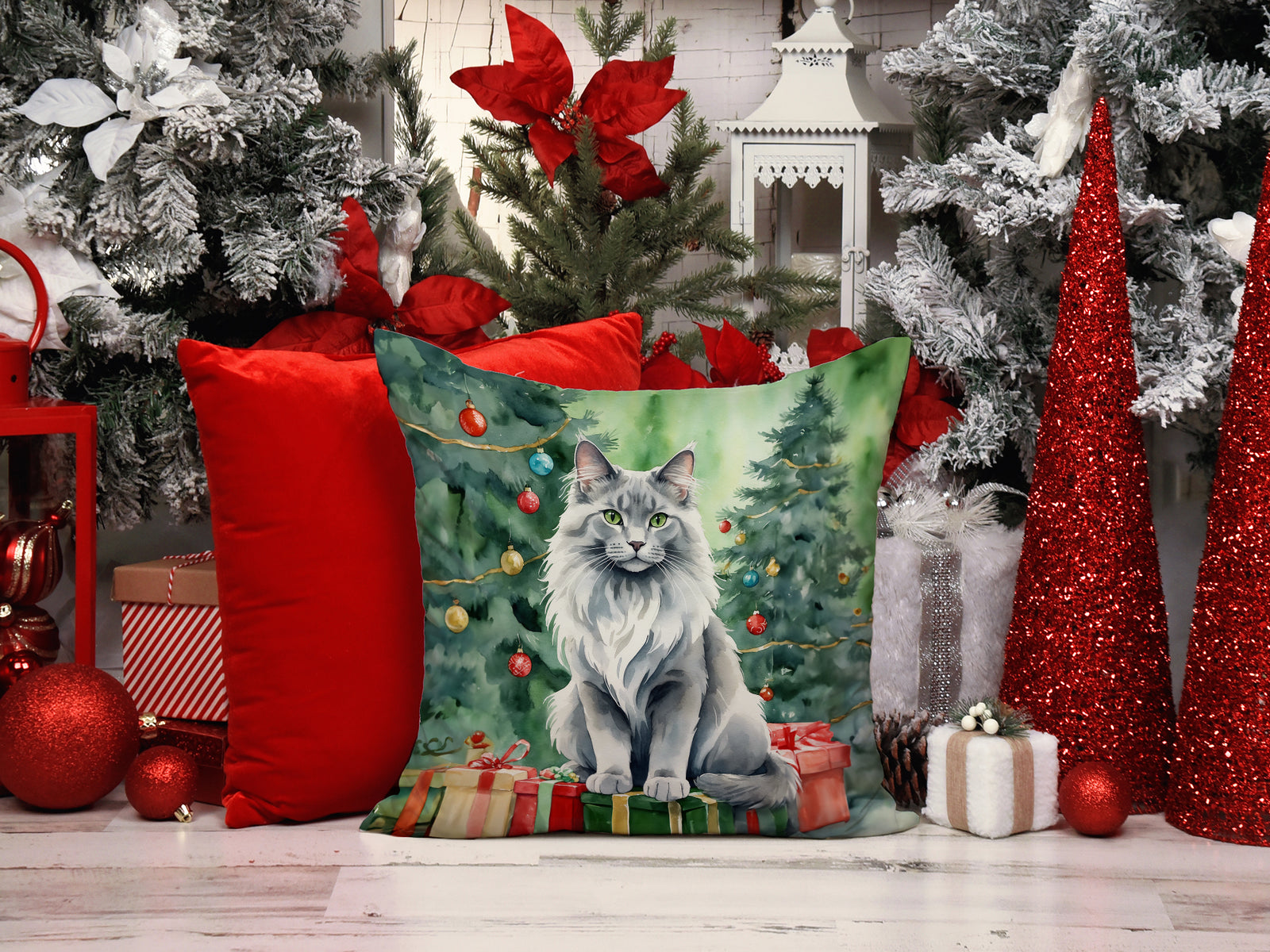 Caroline's Treasures Nebelung Cat By the Christmas Tree Throw Pillow