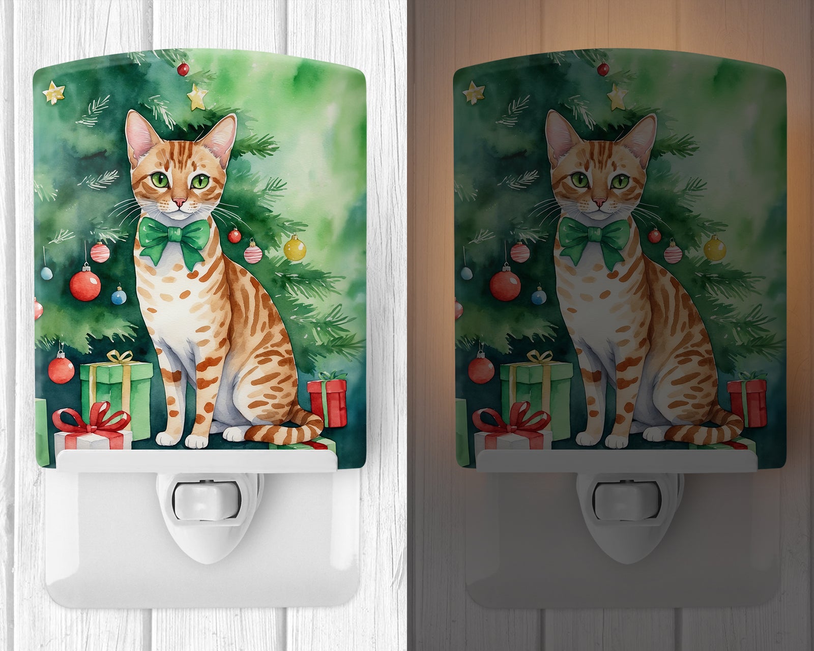 Caroline's Treasures Ocicat Cat By the Christmas Tree Ceramic Night Light