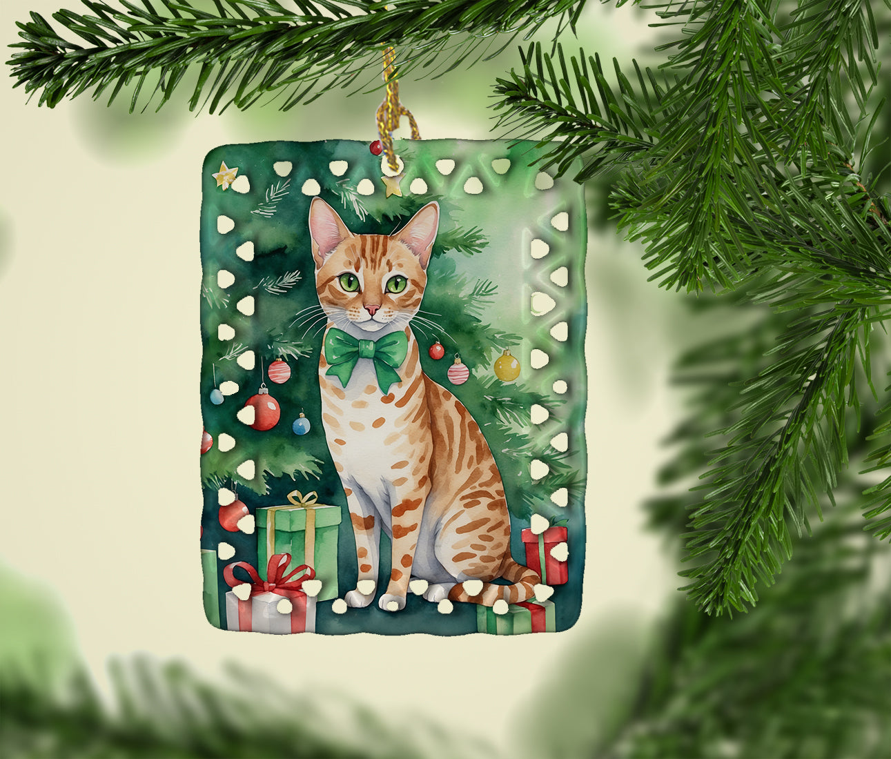 Caroline's Treasures Ocicat Cat By the Christmas Tree Porcelain Ornament