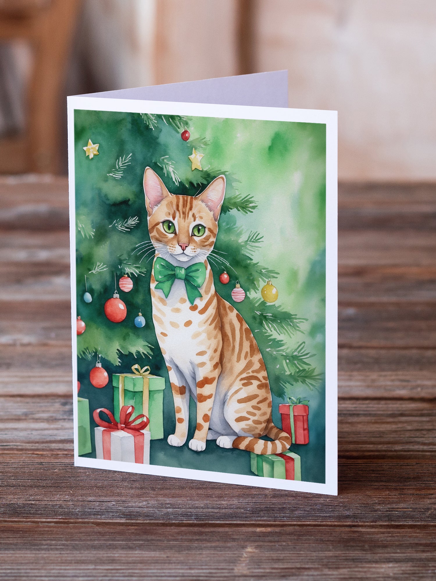 Caroline's Treasures Ocicat Cat By the Christmas Tree Greeting Cards - Blank Note Cards – 8-Pack of Artist-Designed Cards with Envelopes