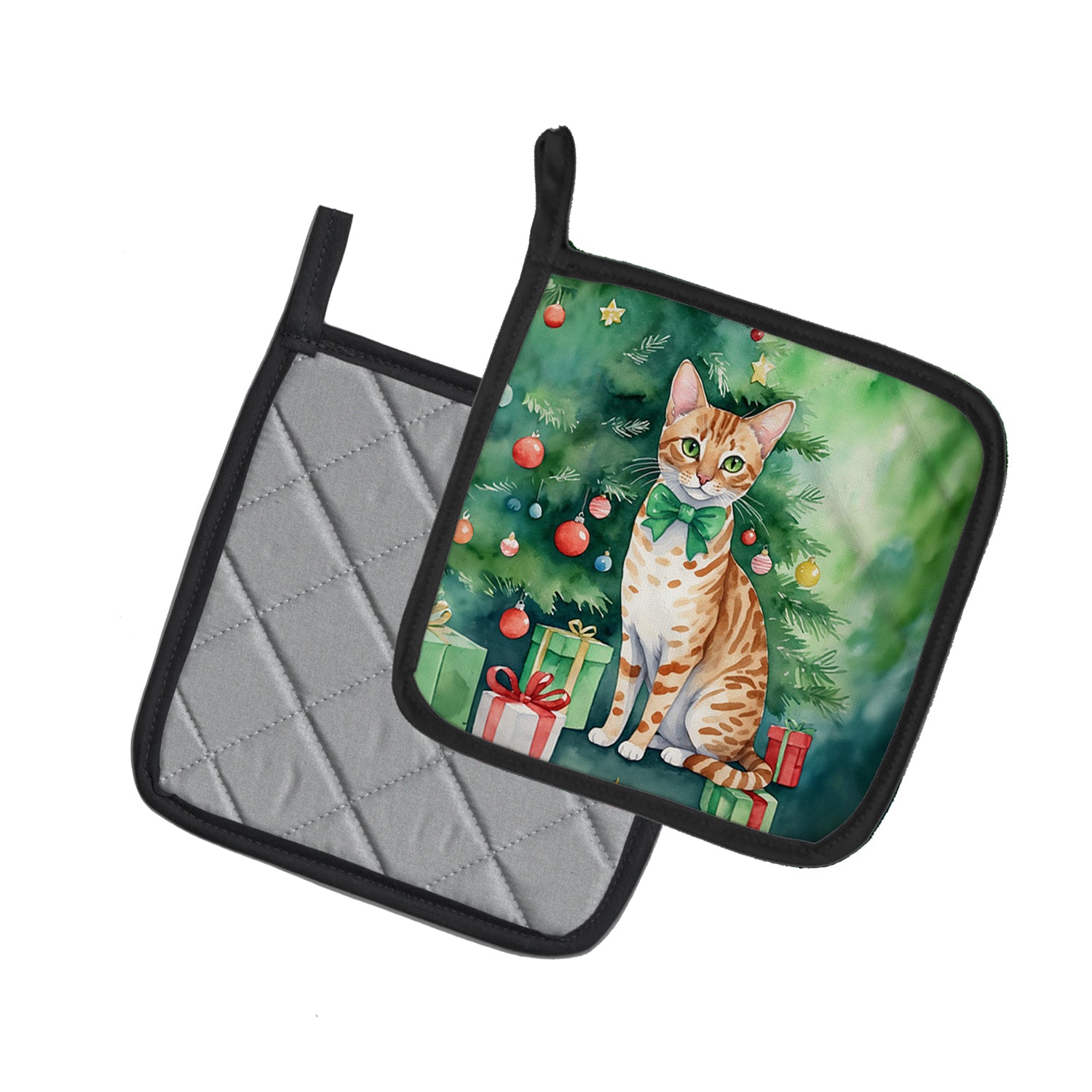 Caroline's Treasures Ocicat Cat By the Christmas Tree Pot Holders - Set of 2 Decorative Kitchen Helpers | Made in the USA