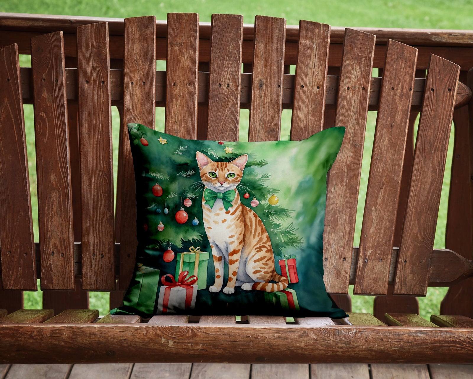 Caroline's Treasures Ocicat Cat By the Christmas Tree Throw Pillow - 14x14 Decorative Pillow – Art for Your Home & Patio