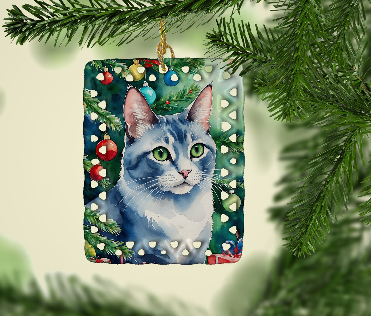 Caroline's Treasures Ojos Azules Cat By the Christmas Tree Porcelain Ornament