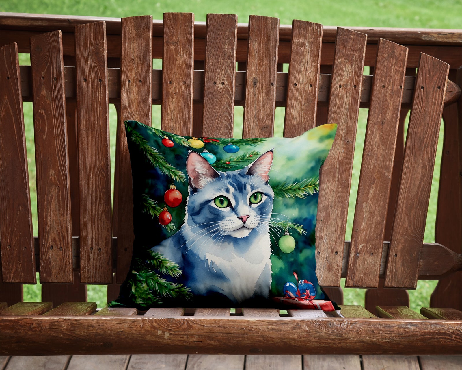 Caroline's Treasures Ojos Azules Cat By the Christmas Tree Throw Pillow - 14x14 Decorative Pillow – Art for Your Home & Patio