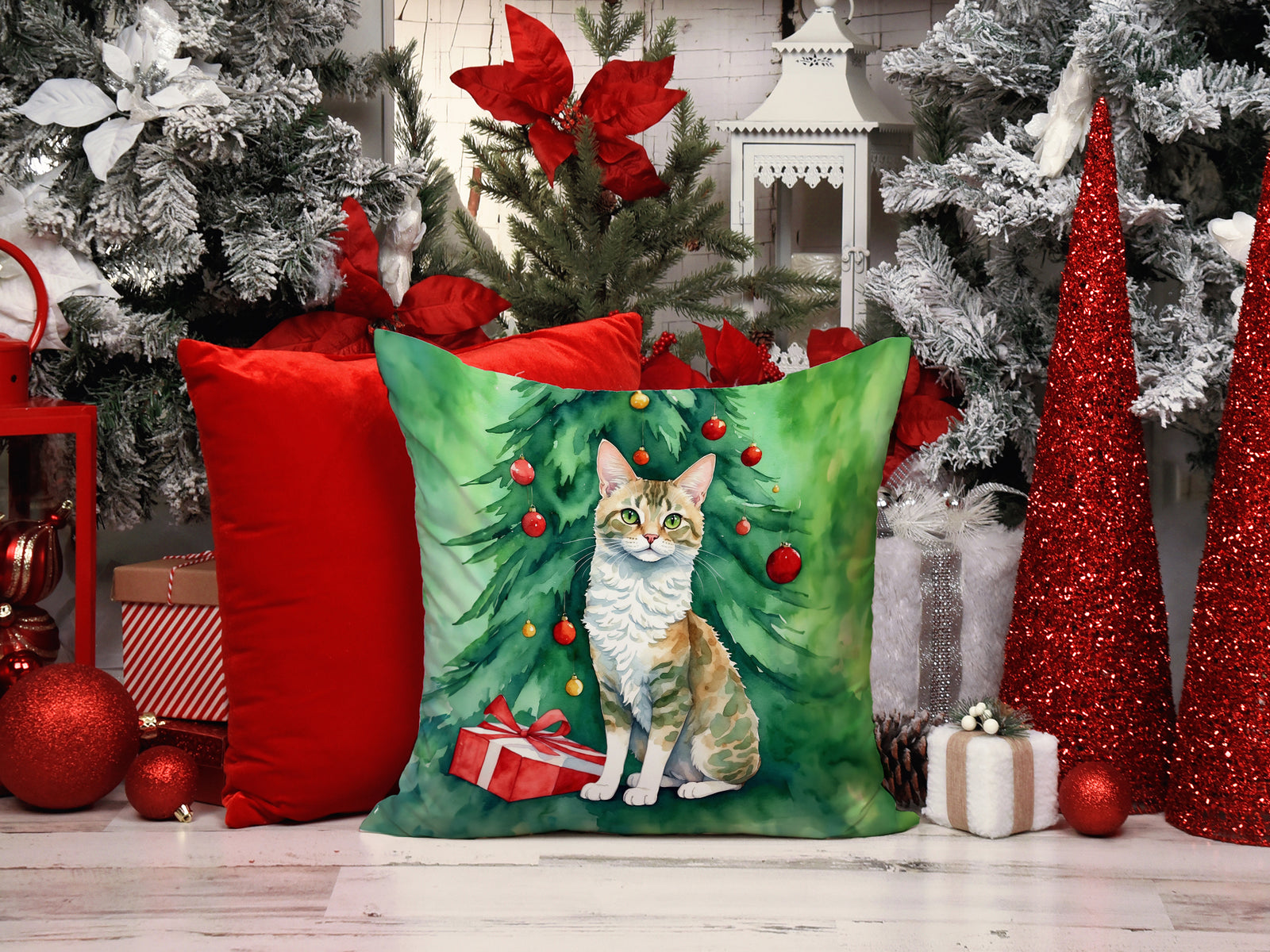 Caroline's Treasures Oregon Rex Cat By the Christmas Tree Throw Pillow
