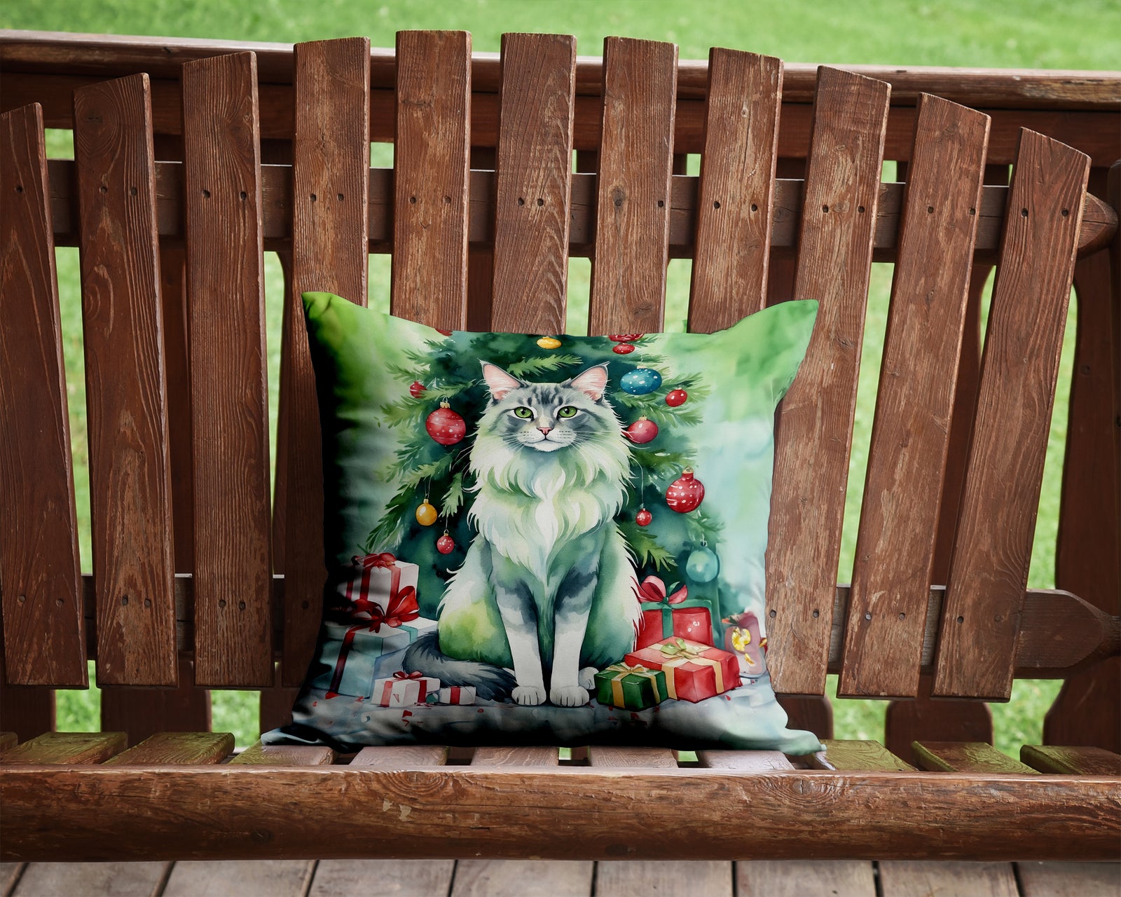Caroline's Treasures Oriental Longhair Cat By the Christmas Tree Throw Pillow - 14x14 Decorative Pillow – Art for Your Home & Patio
