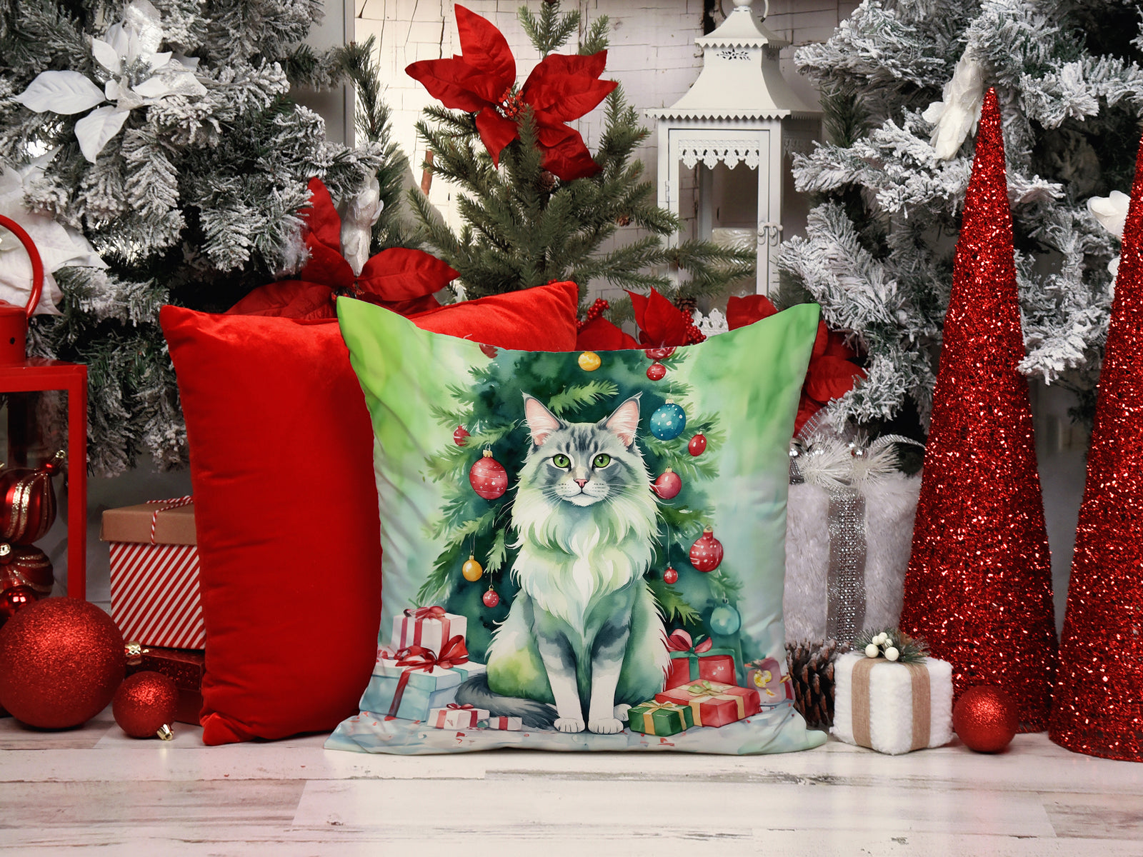 Caroline's Treasures Oriental Longhair Cat By the Christmas Tree Throw Pillow