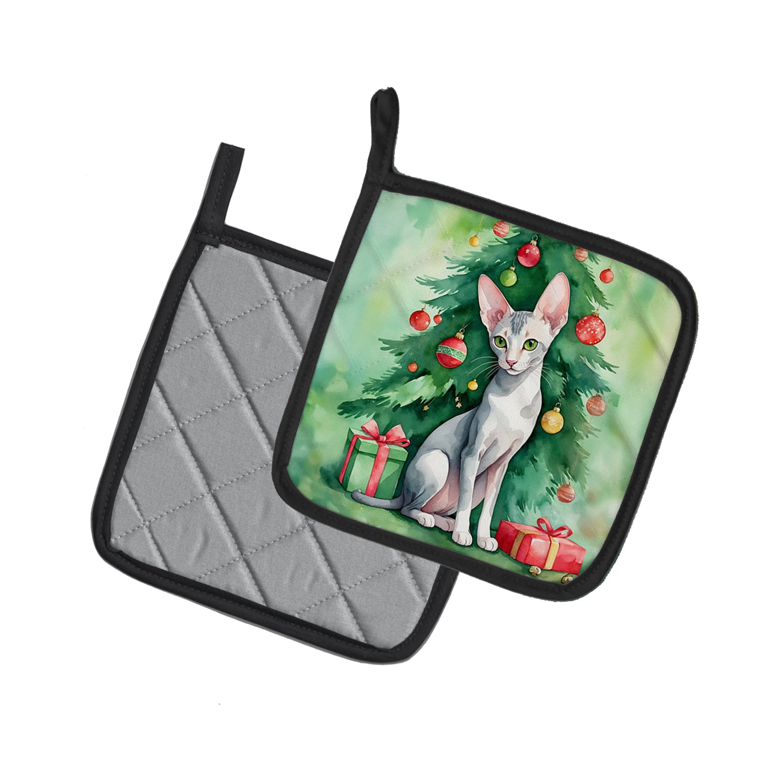 Caroline's Treasures Oriental Shorthair Cat By the Christmas Tree Pot Holders - Set of 2 Decorative Kitchen Helpers | Made in the USA