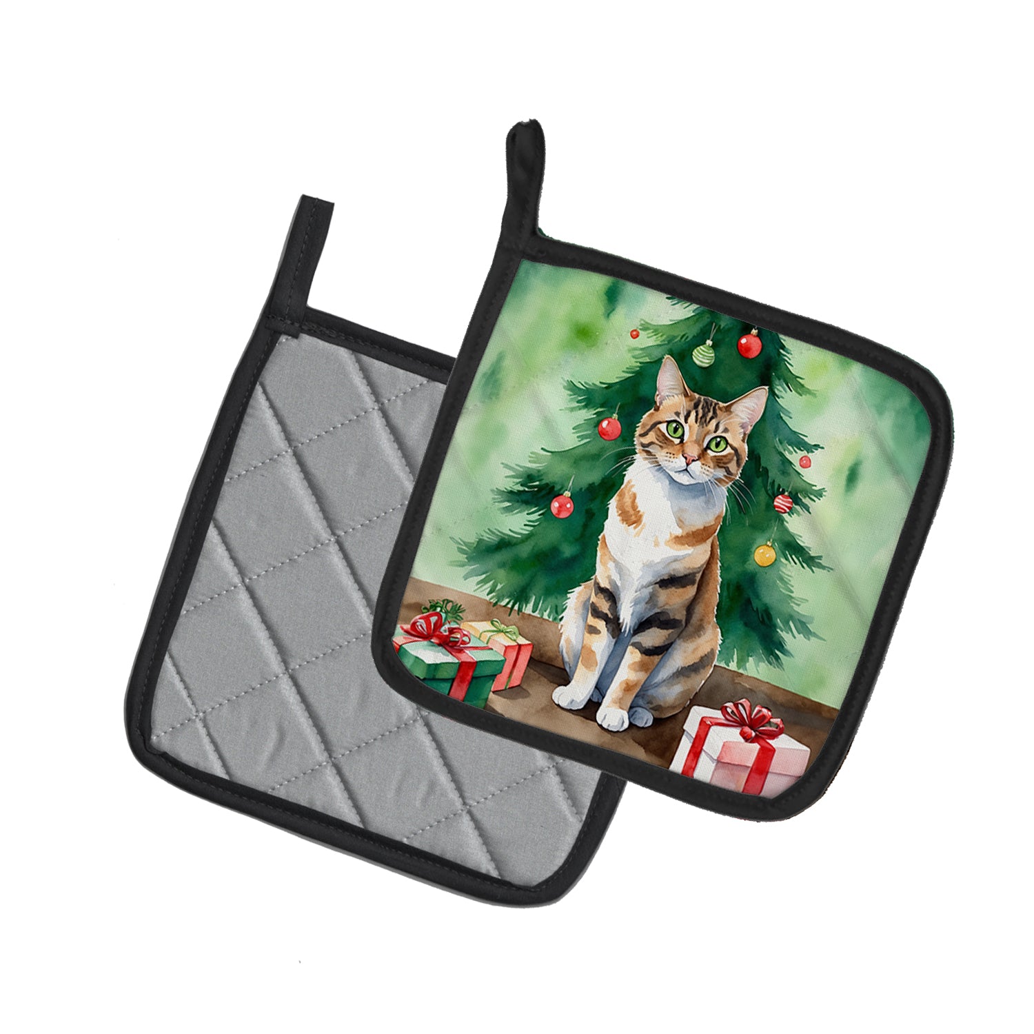 Caroline's Treasures Owyhee Bob Cat By the Christmas Tree Pot Holders - Set of 2 Decorative Kitchen Helpers | Made in the USA
