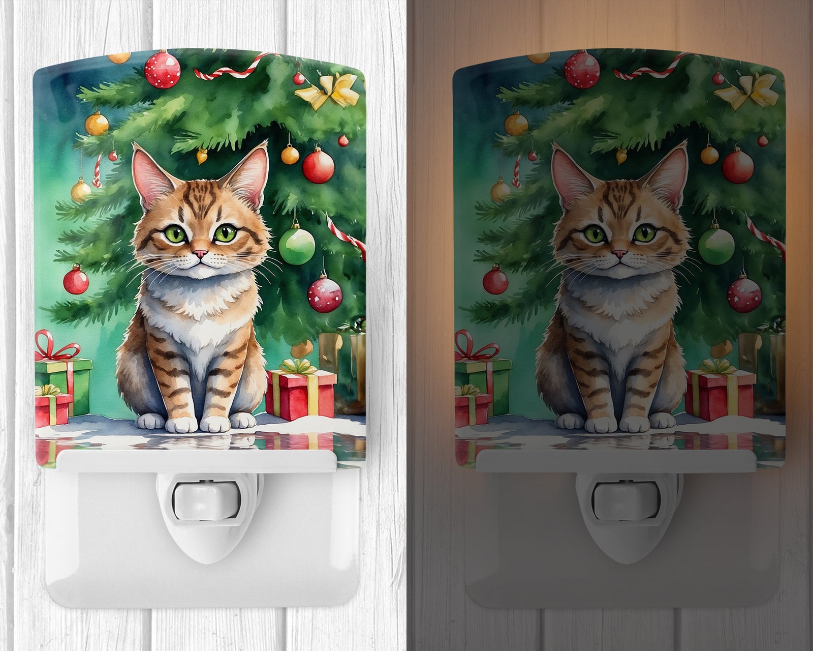 Caroline's Treasures Pixie Bob Cat By the Christmas Tree Ceramic Night Light