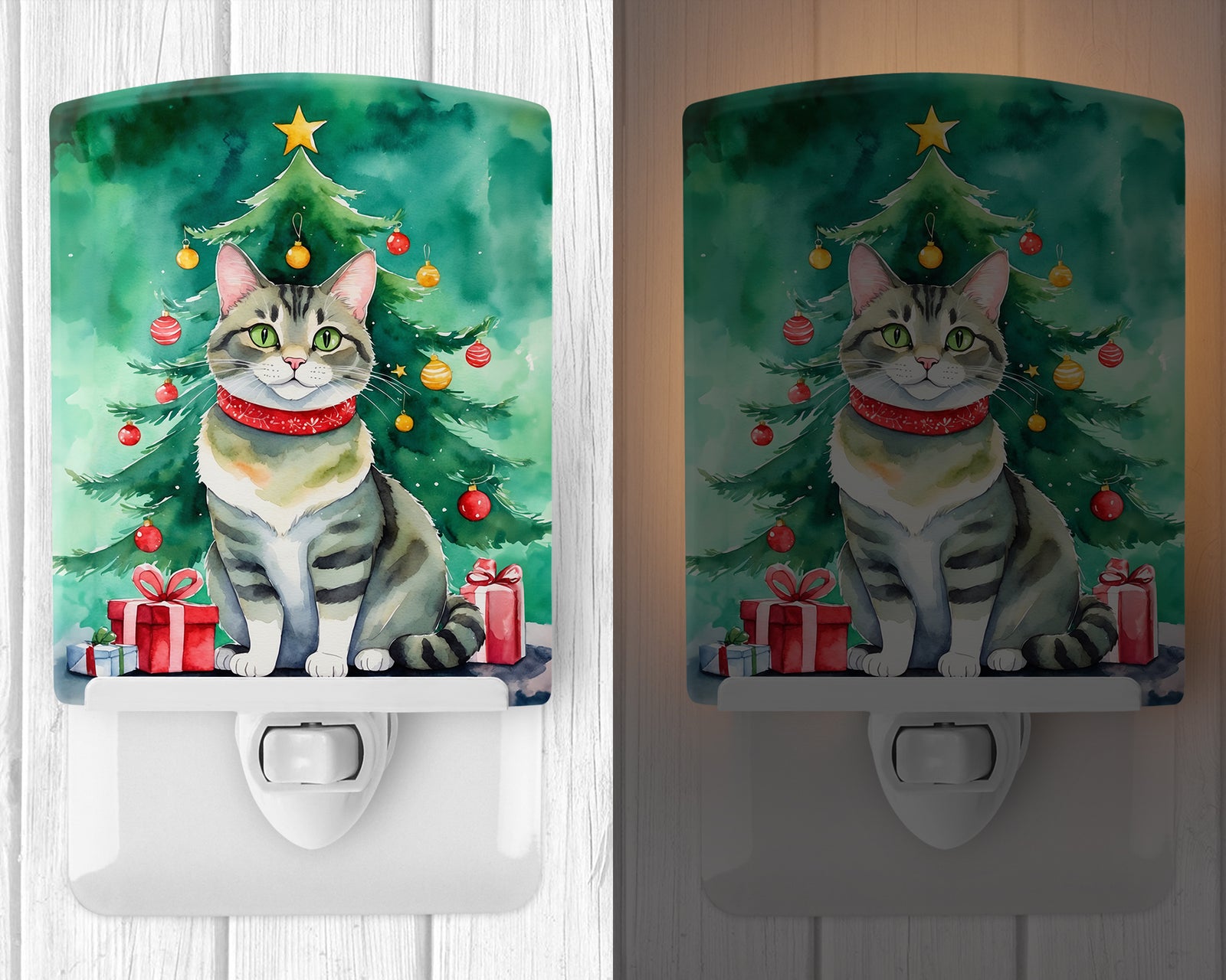 Caroline's Treasures Raas Cat By the Christmas Tree Ceramic Night Light