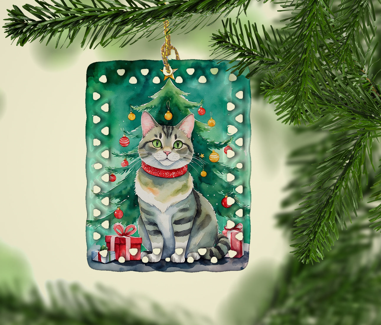 Caroline's Treasures Raas Cat By the Christmas Tree Porcelain Ornament