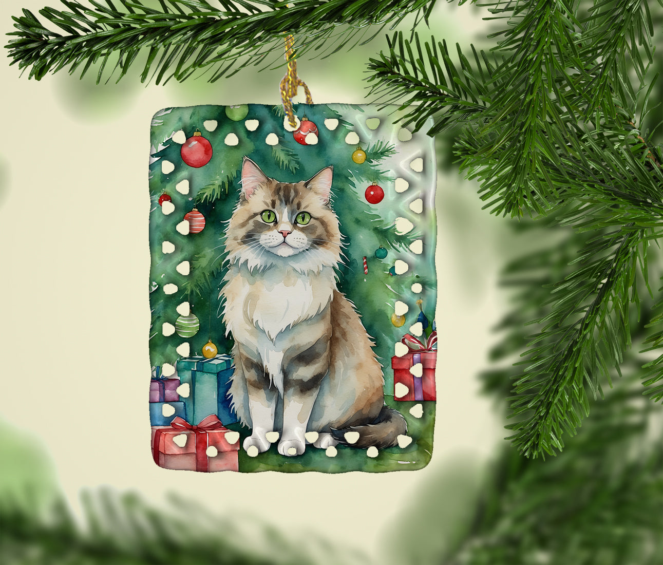 Caroline's Treasures Ragamuffin Cat By the Christmas Tree Porcelain Ornament