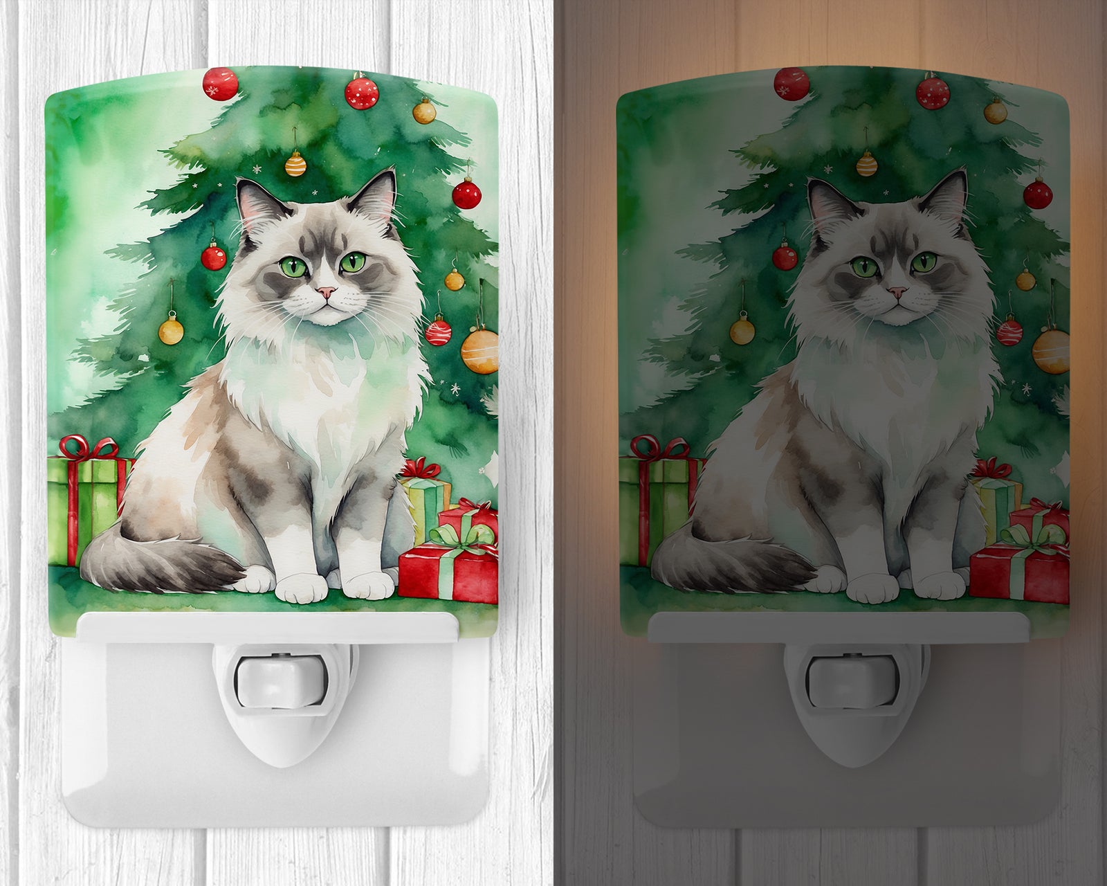Caroline's Treasures Ragdoll Cat By the Christmas Tree Ceramic Night Light