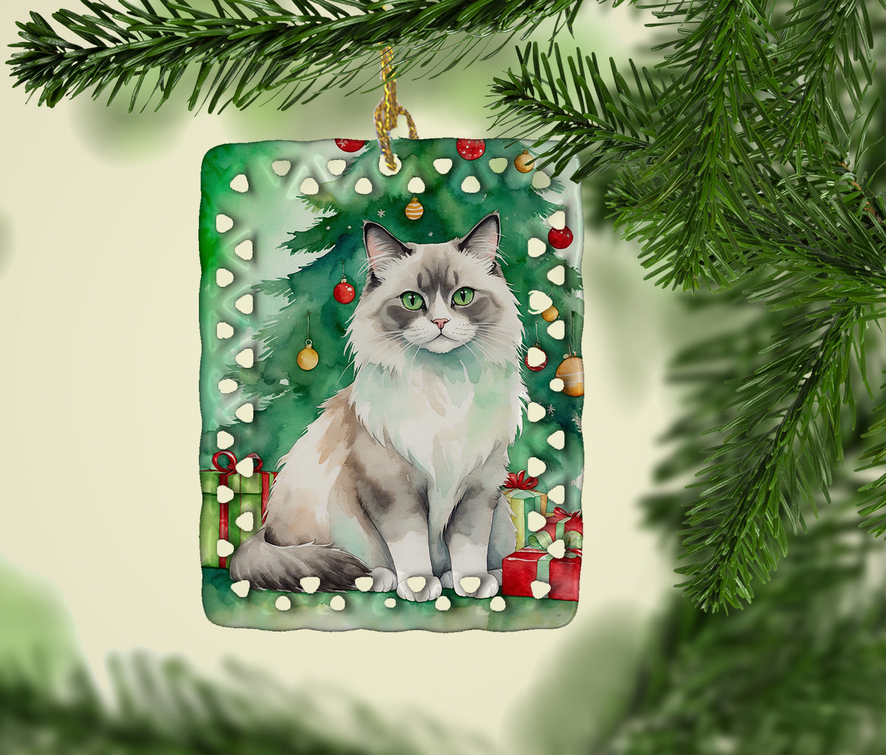 Caroline's Treasures Ragdoll Cat By the Christmas Tree Porcelain Ornament