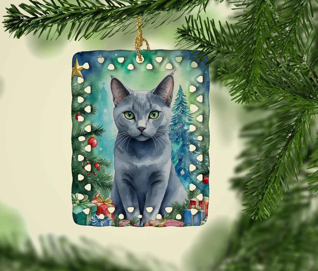 Caroline's Treasures Russian Blue Cat By the Christmas Tree Porcelain Ornament