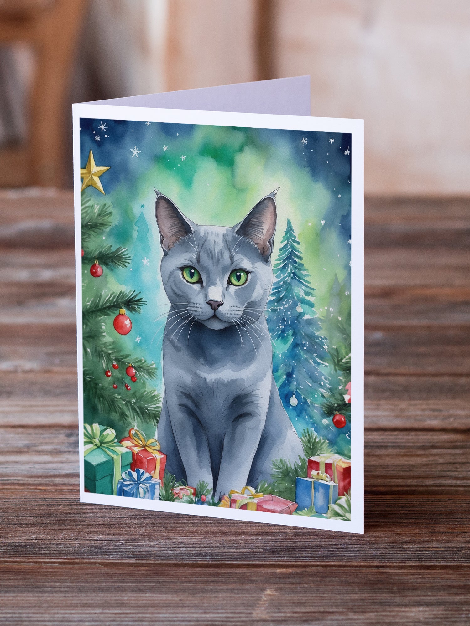 Caroline's Treasures Russian Blue Cat By the Christmas Tree Greeting Cards - Blank Note Cards – 8-Pack of Artist-Designed Cards with Envelopes