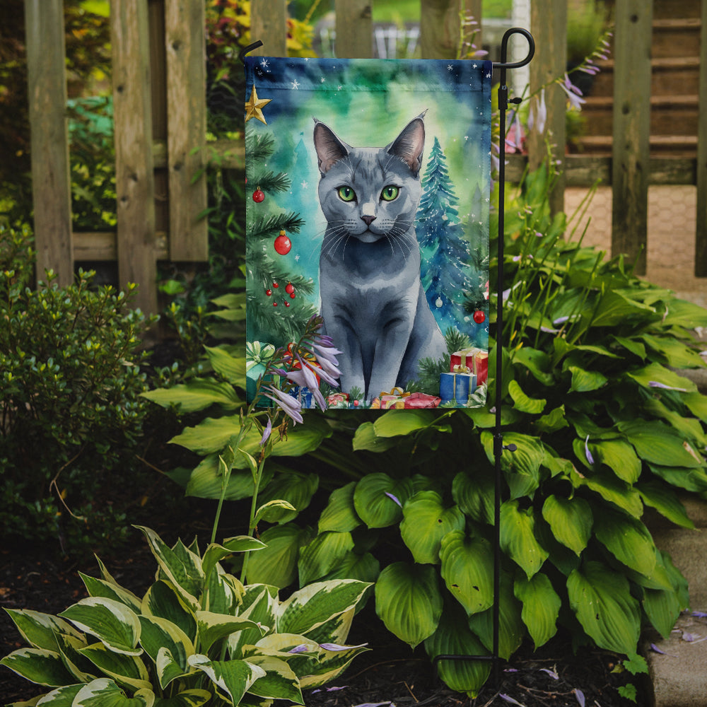 Caroline's Treasures Russian Blue Christmas Garden Flag - Cat by the Christmas Tree - Cat-Themed Holiday Yard Decor
