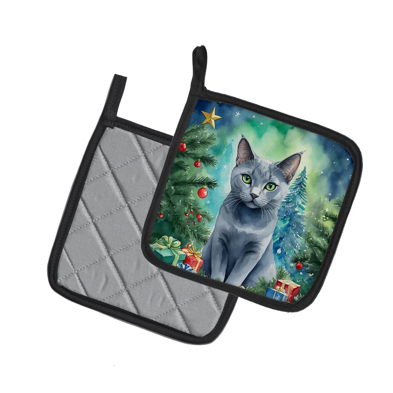 Caroline's Treasures Russian Blue Cat By the Christmas Tree Pot Holders - Set of 2 Decorative Kitchen Helpers | Made in the USA