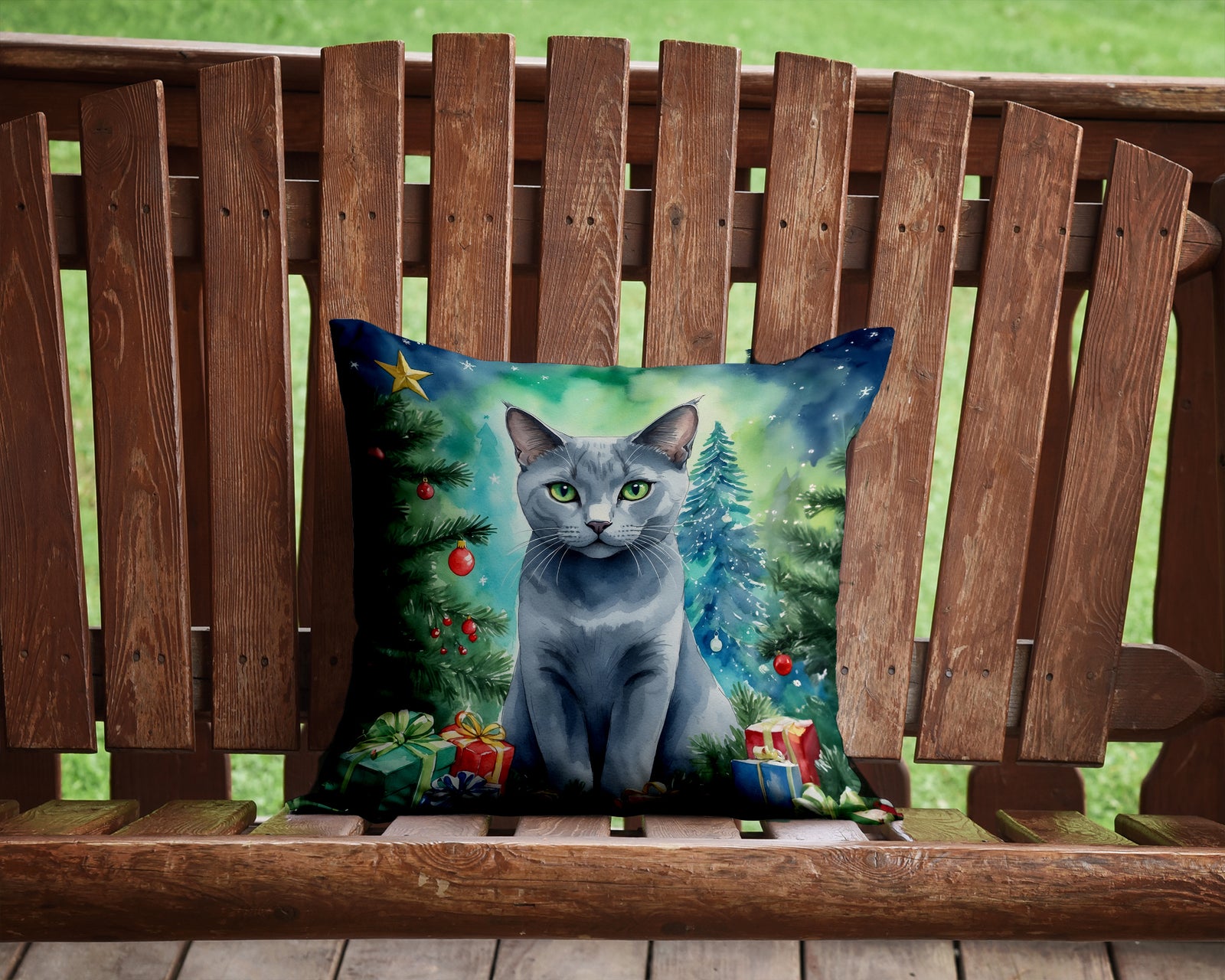 Caroline's Treasures Russian Blue Cat By the Christmas Tree Throw Pillow - 14x14 Decorative Pillow – Art for Your Home & Patio