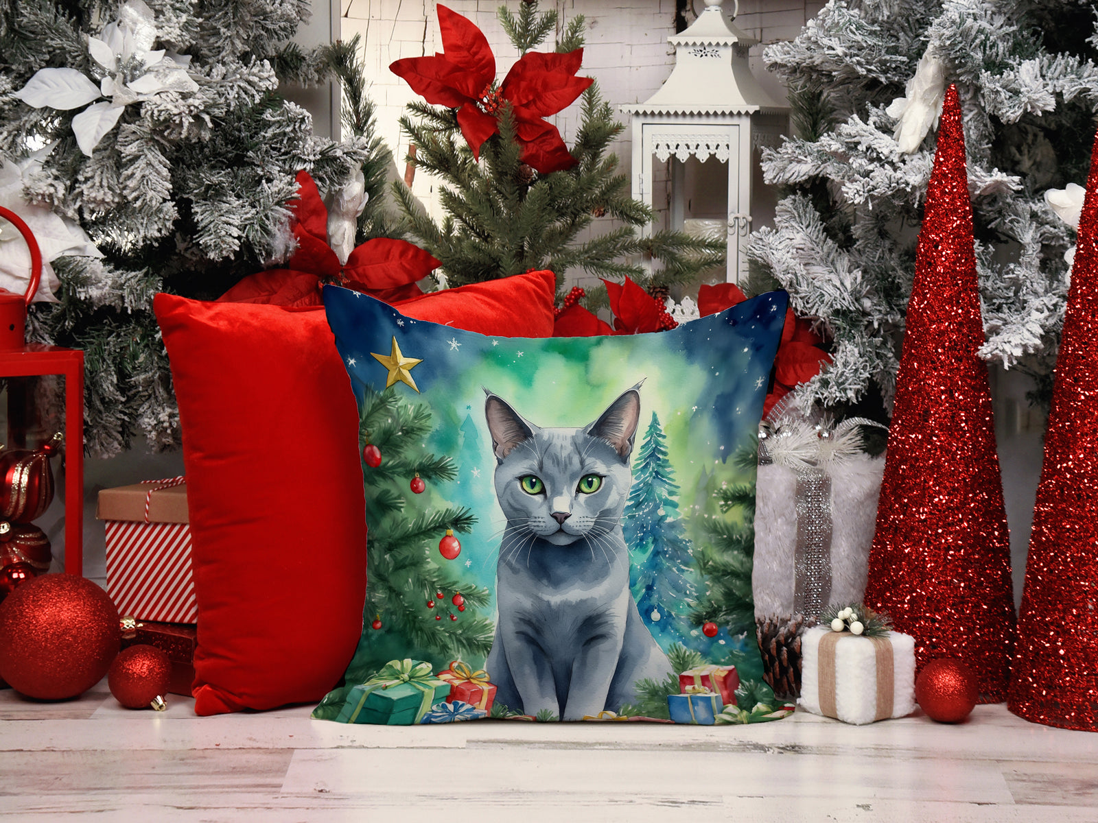 Caroline's Treasures Russian Blue Cat By the Christmas Tree Throw Pillow