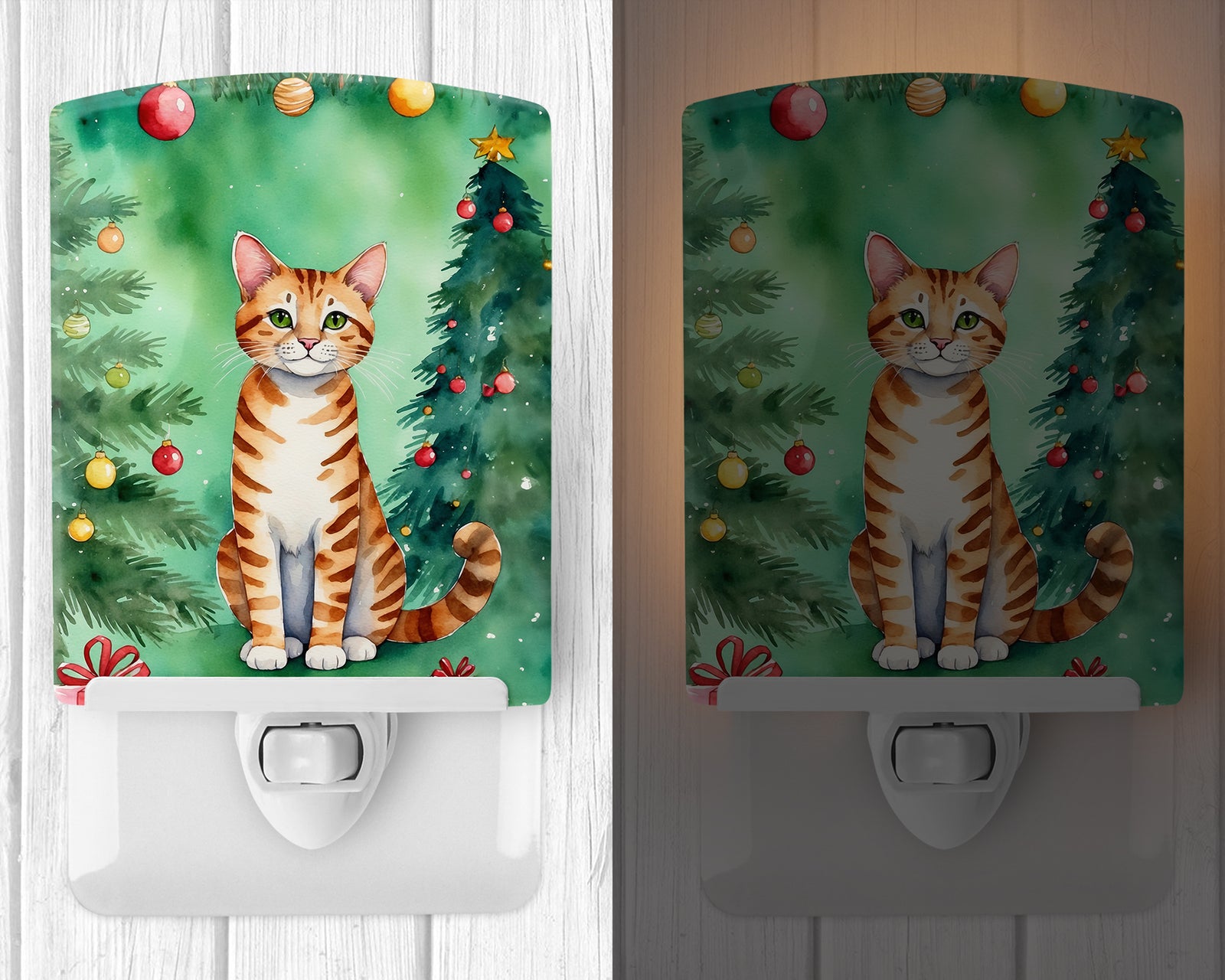 Caroline's Treasures Safari Cat By the Christmas Tree Ceramic Night Light