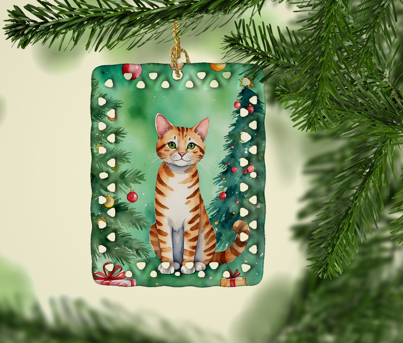Caroline's Treasures Safari Cat By the Christmas Tree Porcelain Ornament