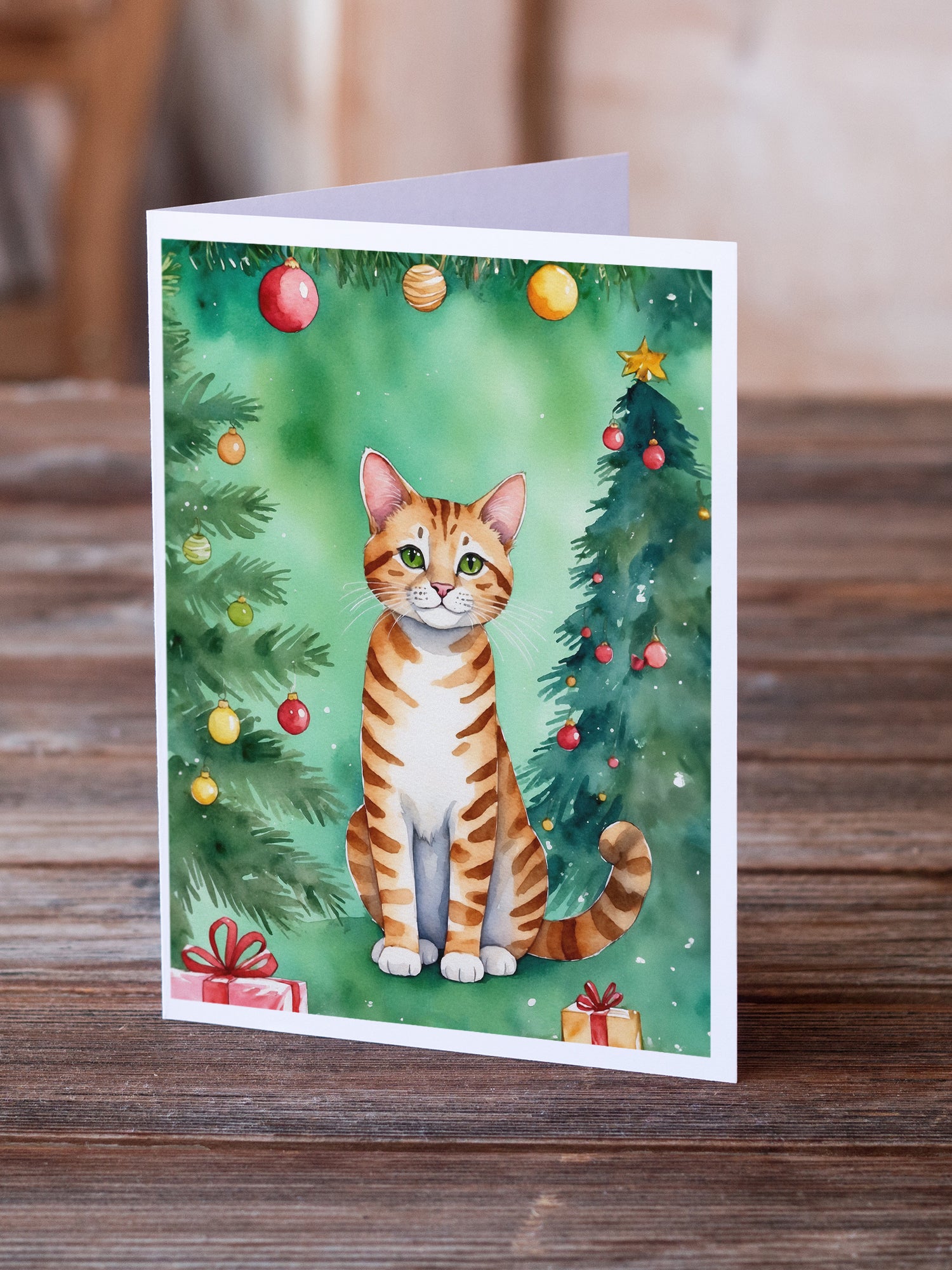 Caroline's Treasures Safari Cat By the Christmas Tree Greeting Cards - Blank Note Cards – 8-Pack of Artist-Designed Cards with Envelopes