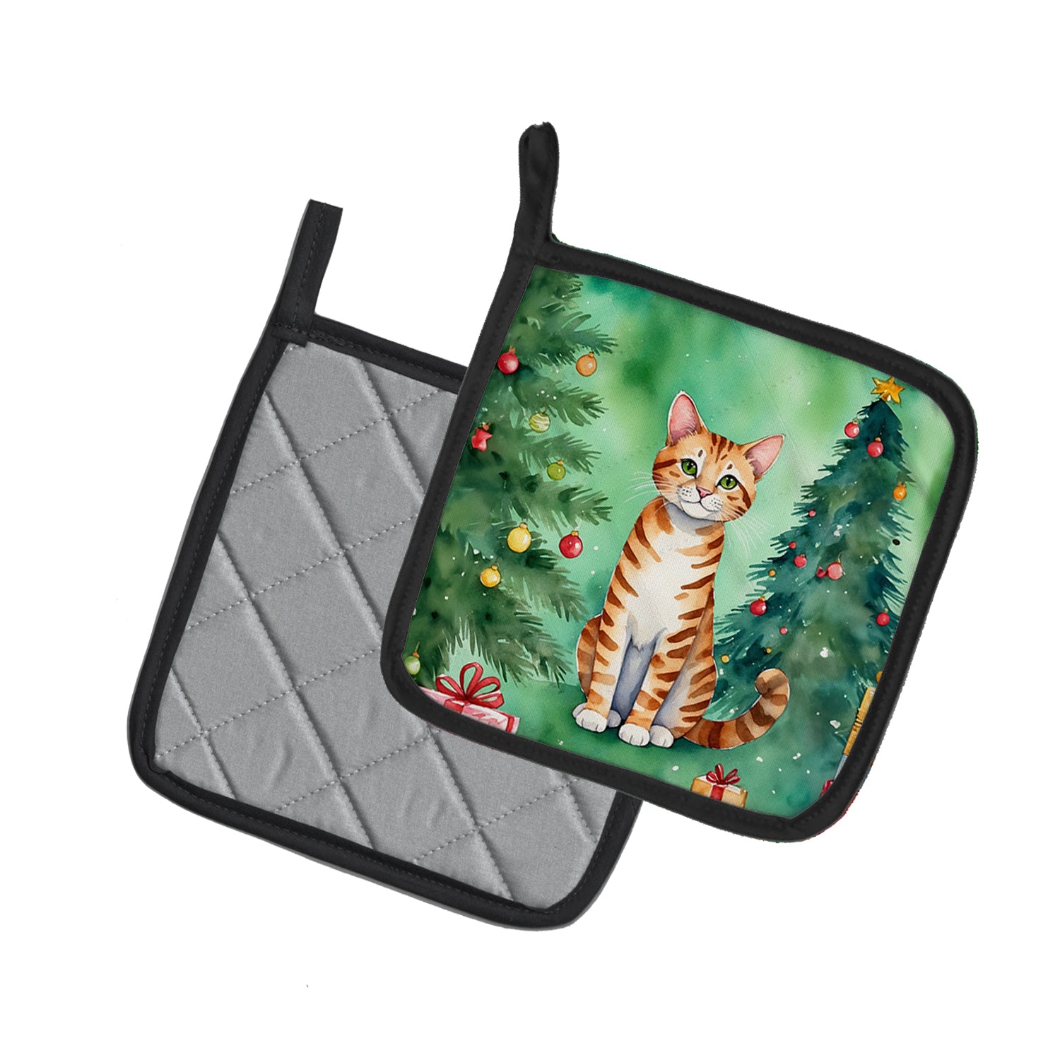 Caroline's Treasures Safari Cat By the Christmas Tree Pot Holders - Set of 2 Decorative Kitchen Helpers | Made in the USA