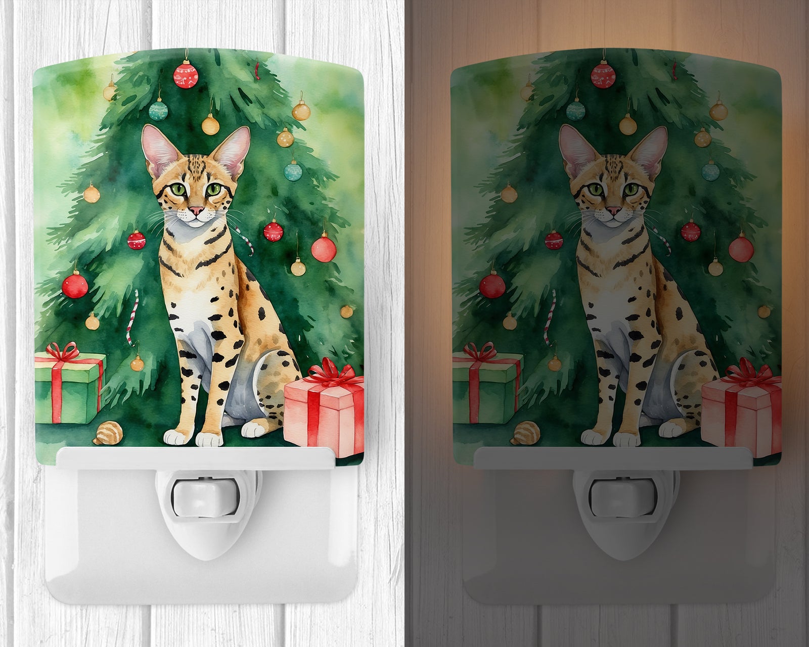 Caroline's Treasures Savannah Cat By the Christmas Tree Ceramic Night Light