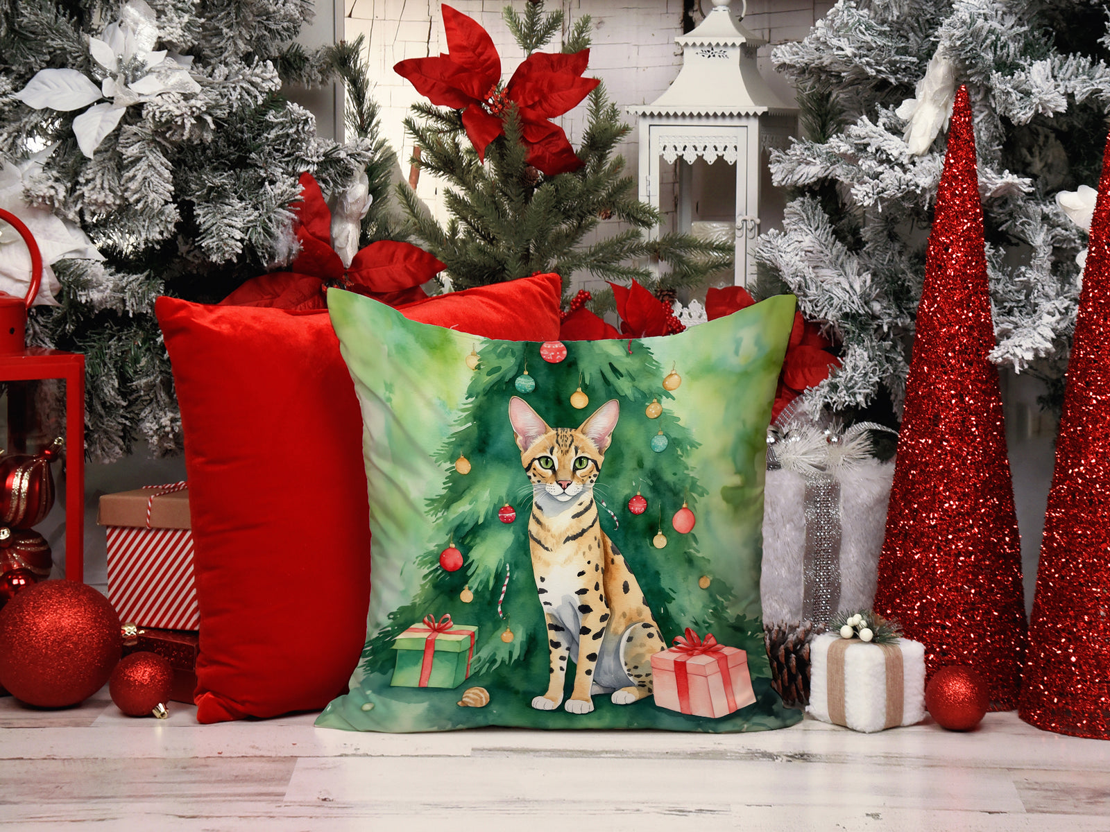 Caroline's Treasures Savannah Cat By the Christmas Tree Throw Pillow