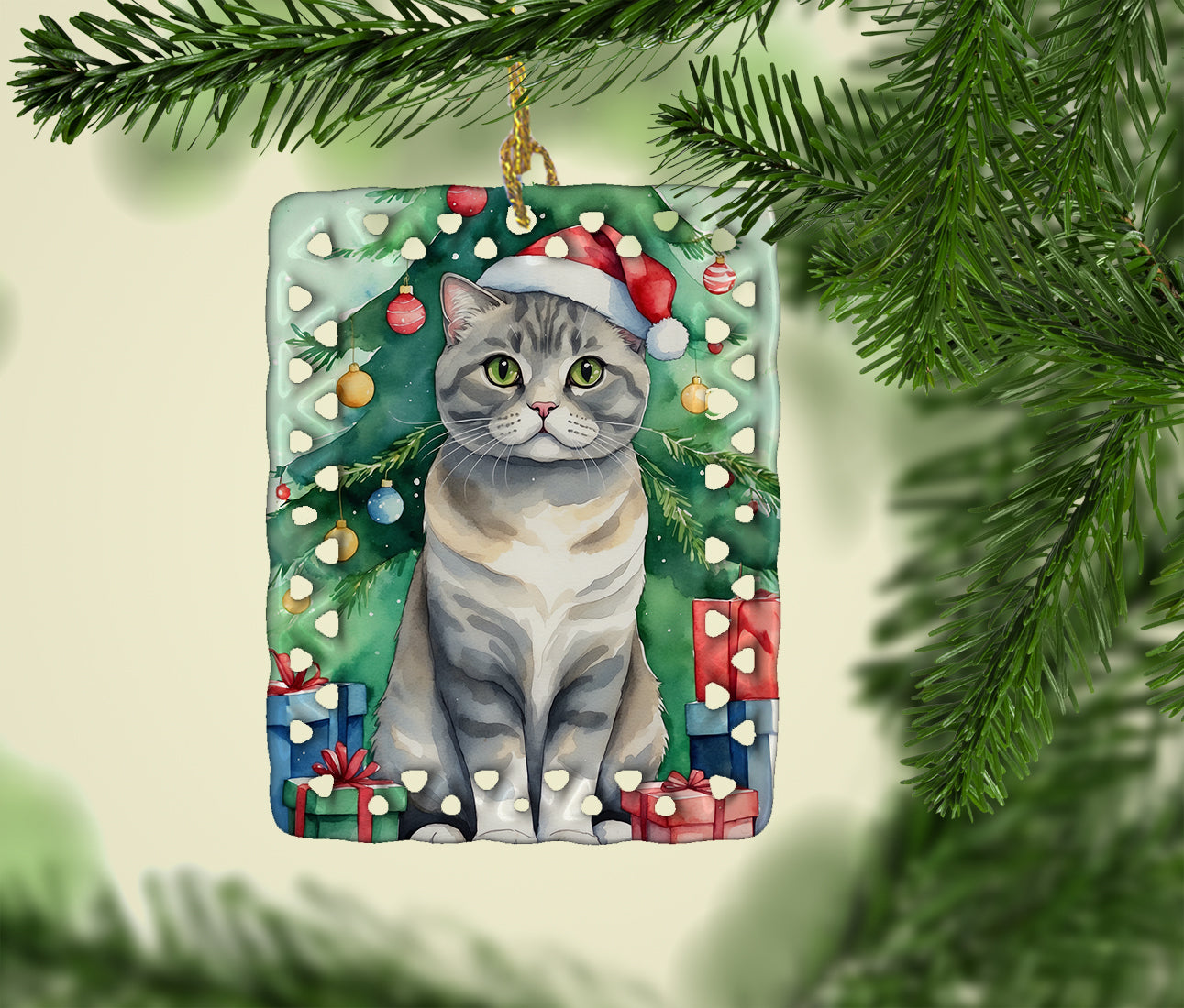 Caroline's Treasures Scottish Fold Cat By the Christmas Tree Porcelain Ornament