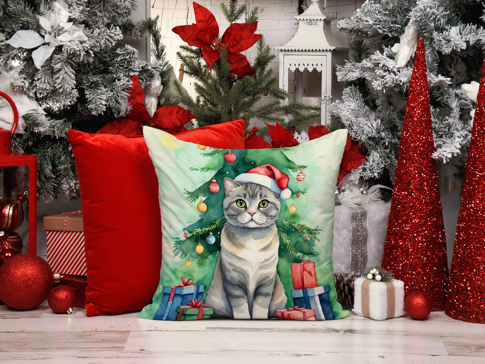 Caroline's Treasures Scottish Fold Cat By the Christmas Tree Throw Pillow