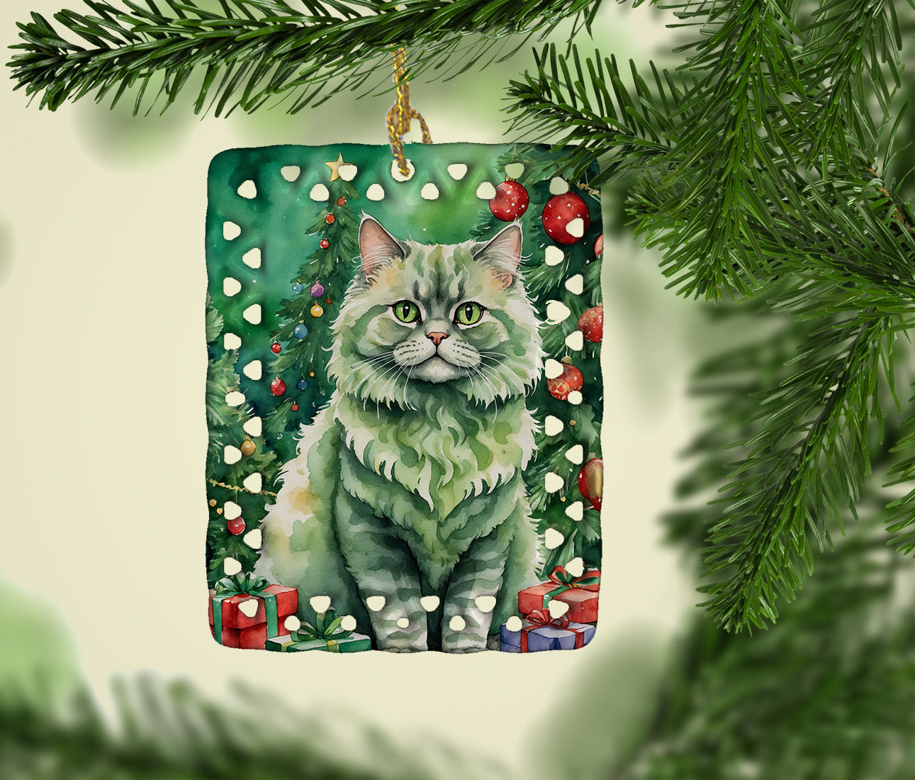 Caroline's Treasures Selkirk Rex Cat By the Christmas Tree Porcelain Ornament
