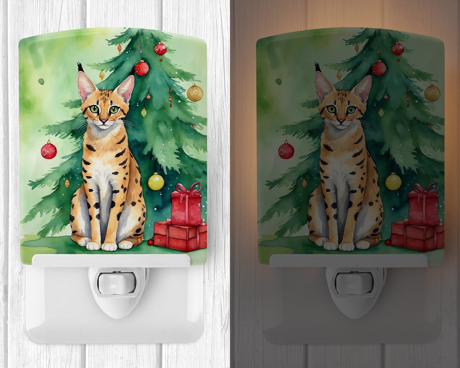 Caroline's Treasures Serengeti Cat By the Christmas Tree Ceramic Night Light